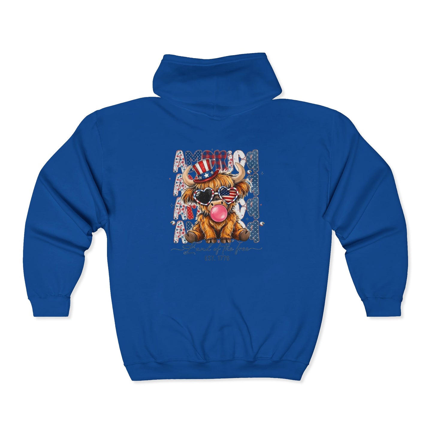 #250 American Flag Bubblegum Patriotic Highland Cow Zip Hoodie