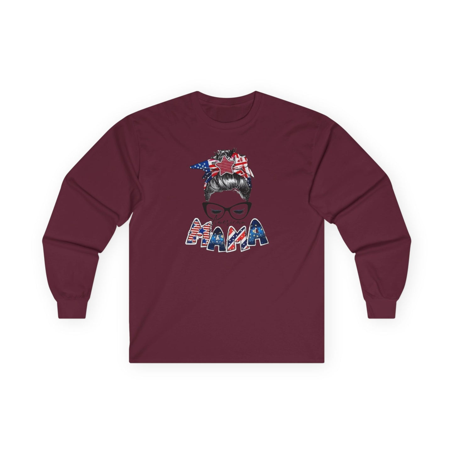 #250 Mama USA Flag Messy Bunn Long Sleeve Tee