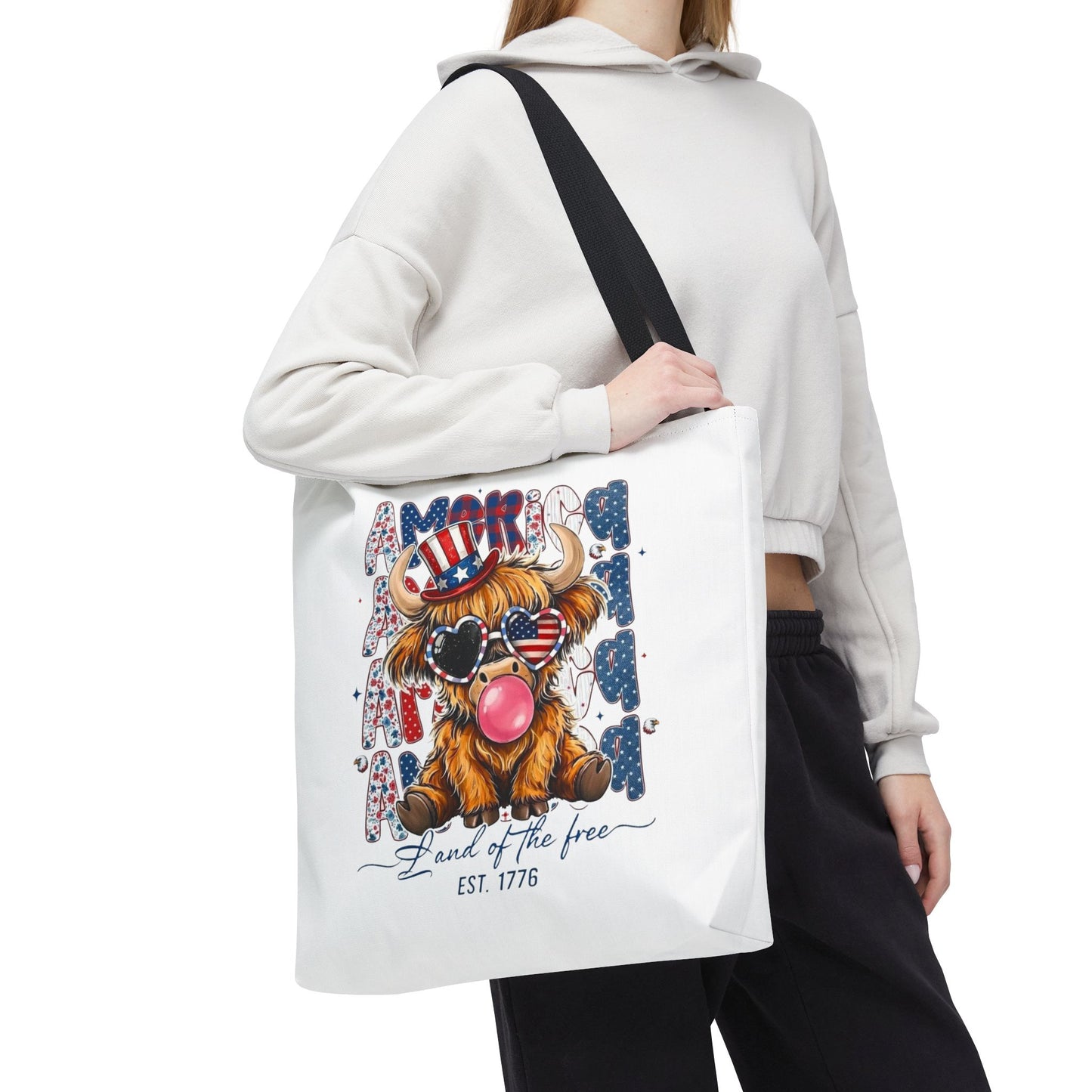 #250 American Flag Bubblegum Patriotic Highland Cow Tote Bag
