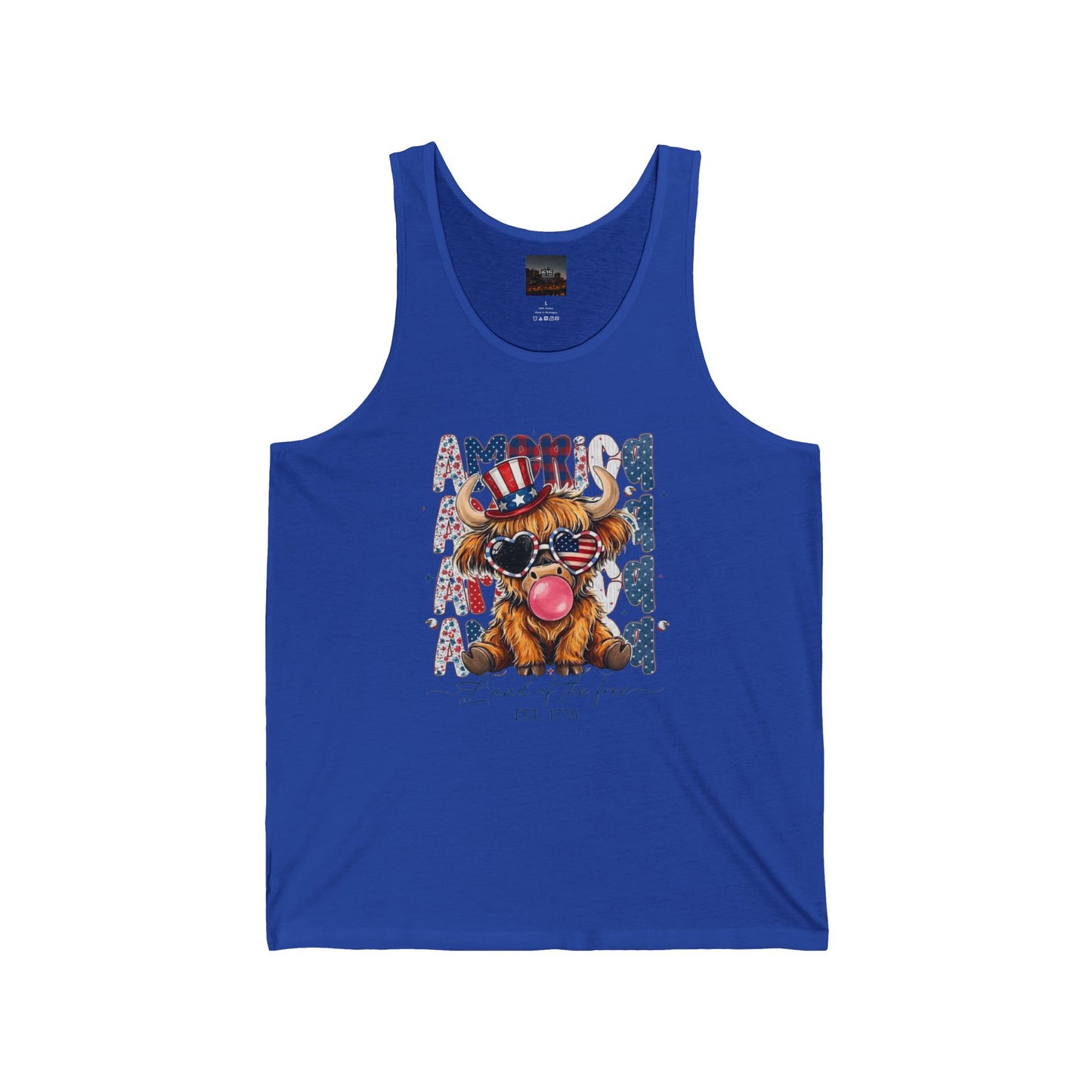 #250 American Flag Bubblegum Patriotic Highland Cow Tank Top