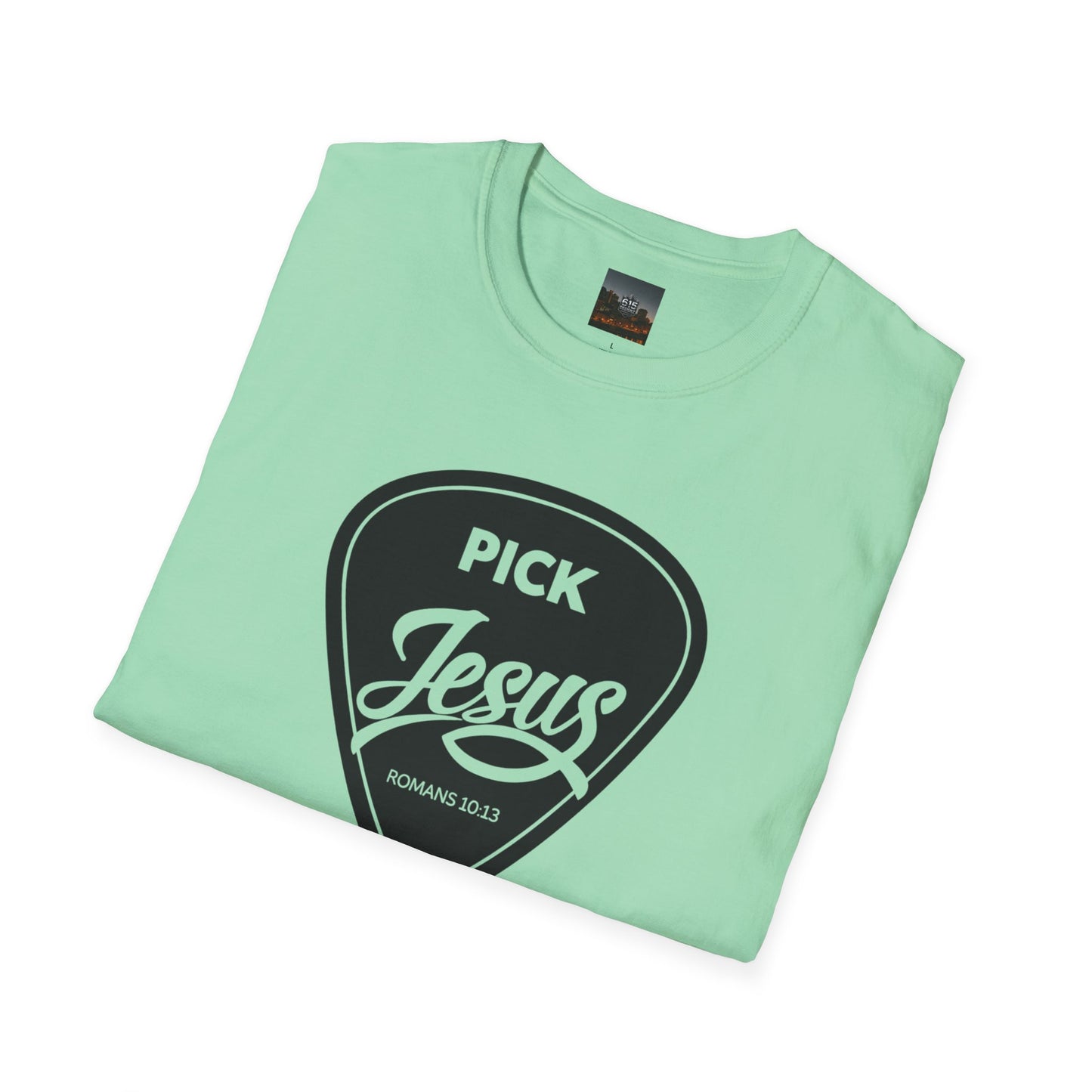 Pick Jesus T-Shirt — Christian Guitar Pick Design (Romans 10:13)