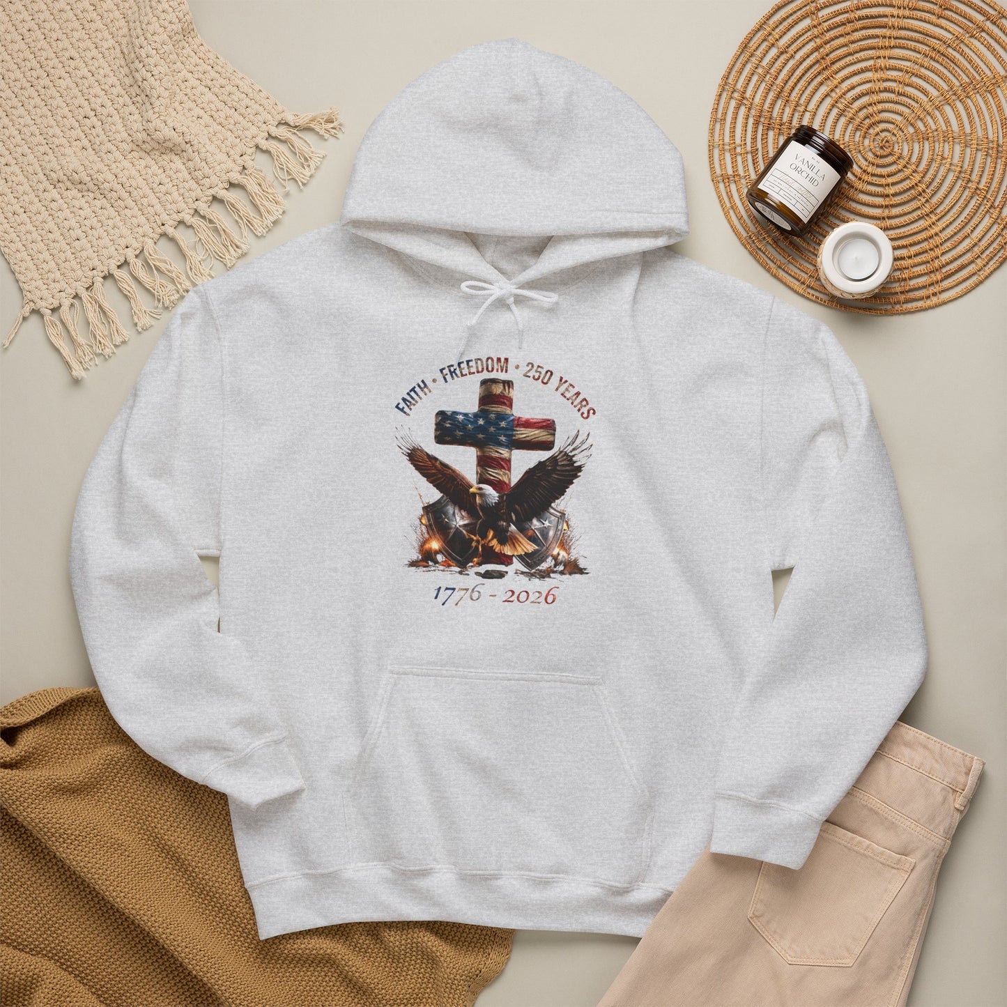 #250 Faith • Freedom 250 Years American Flag Cross & Eagle 1776-2026 Hoodie