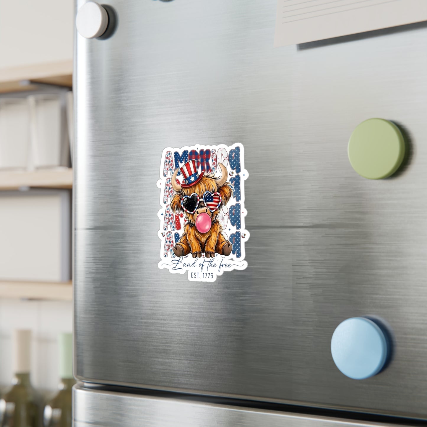 #250 American Flag Bubblegum Patriotic Highland Cow Vinyl Sticker Kiss-Cut Decal (Fourth of July)
