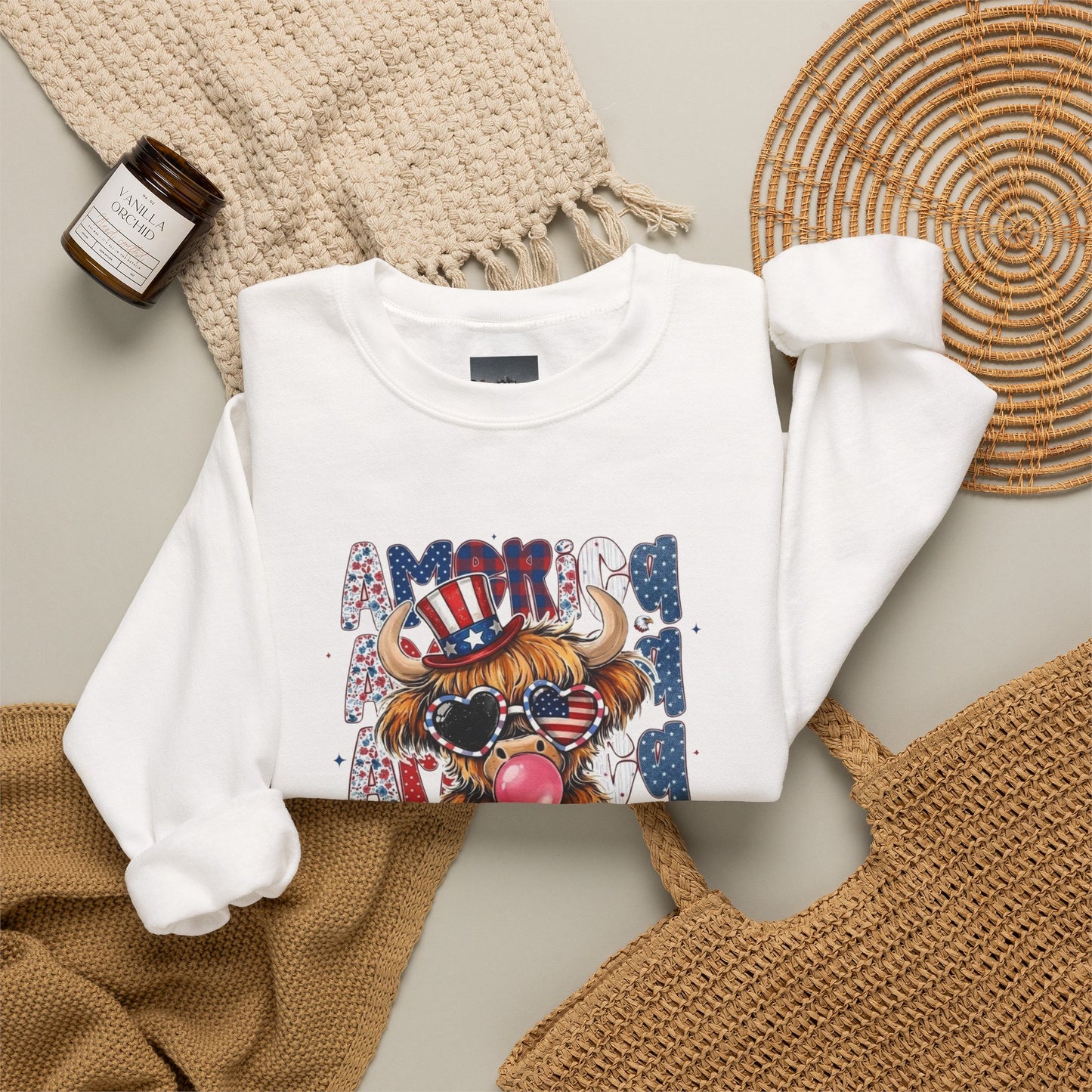 #250 American Flag Bubblegum Patriotic Highland Cow Sweatshirt