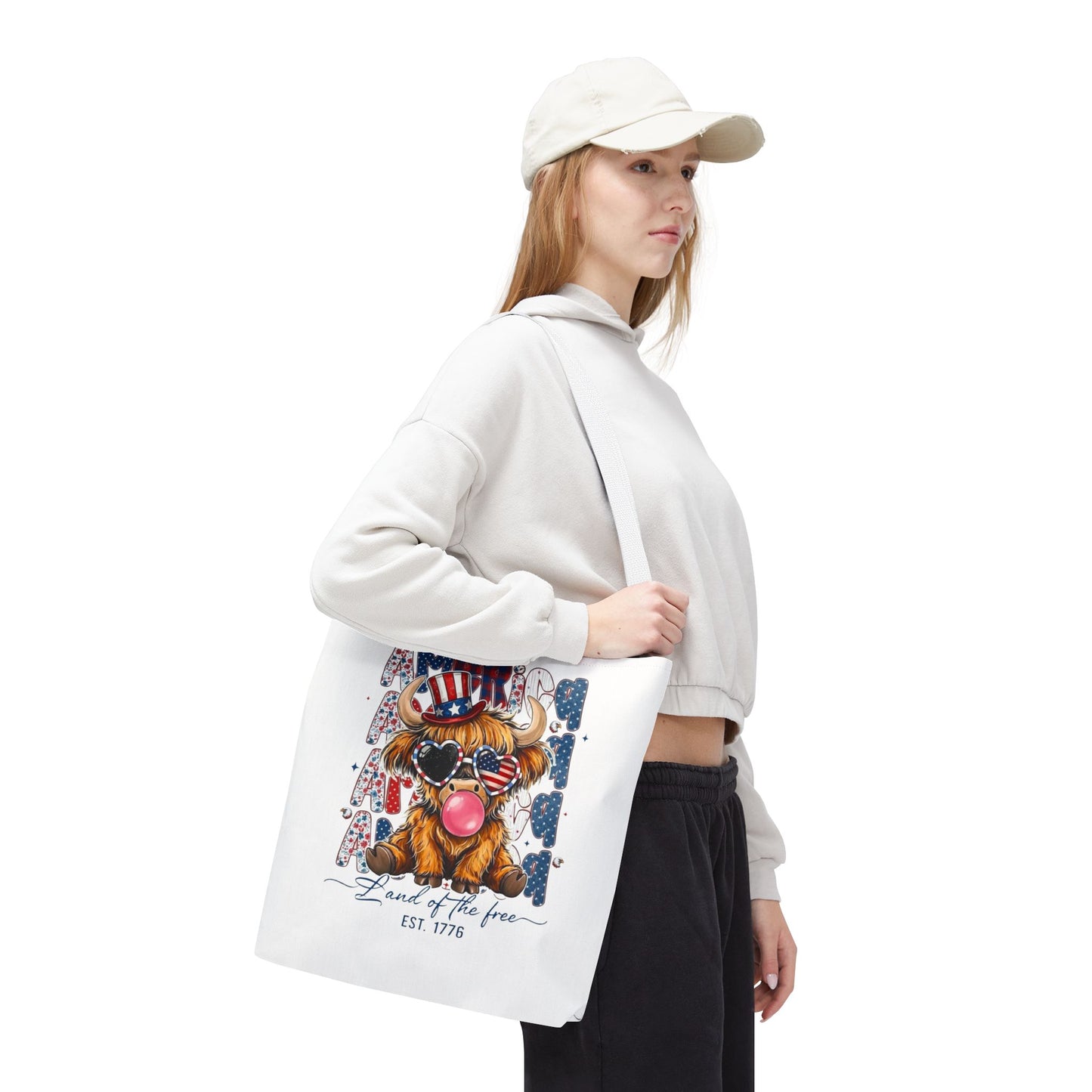 #250 American Flag Bubblegum Patriotic Highland Cow Tote Bag
