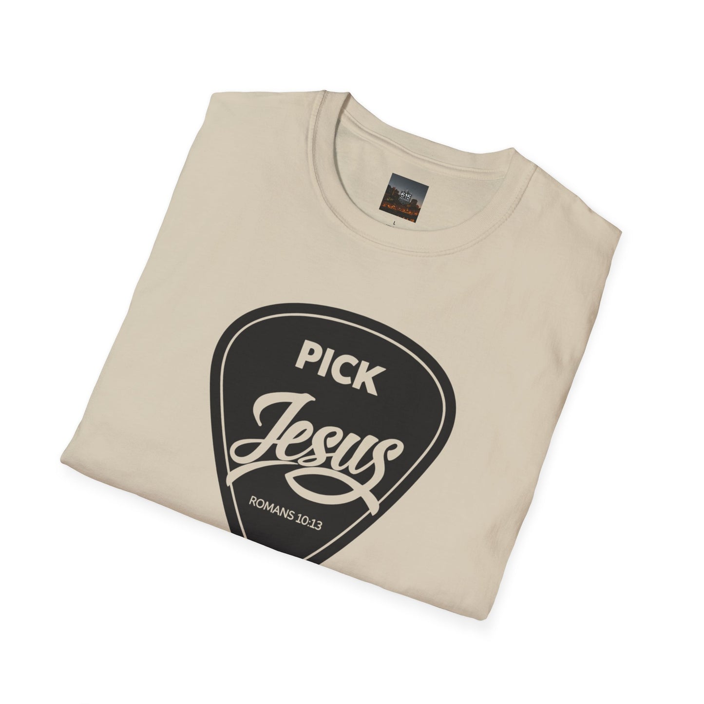 Pick Jesus T-Shirt — Christian Guitar Pick Design (Romans 10:13)