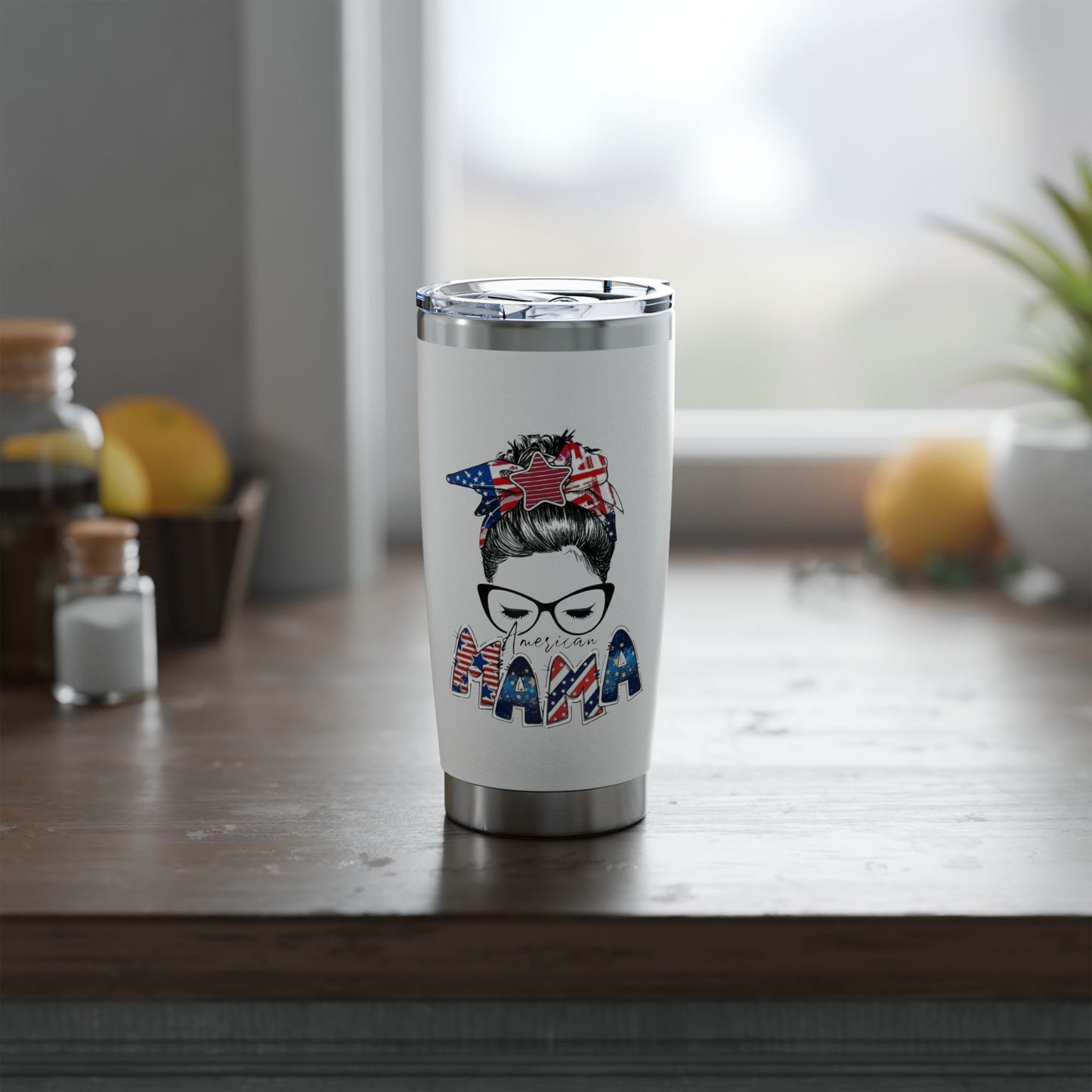 #250 Mama USA Flag Messy Bun 20oz Stainless Travel Tumbler 'Vagabond'