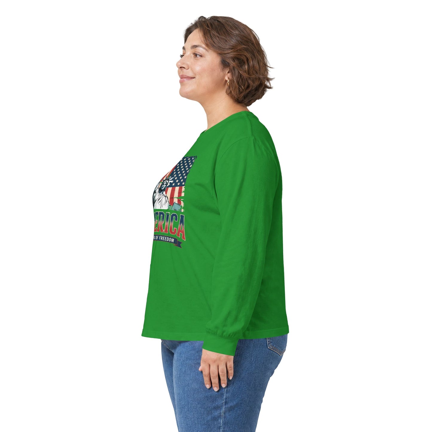 #250 Statue of Liberty American Flag 'America' Patriotic Independence Day Long Sleeve Tee
