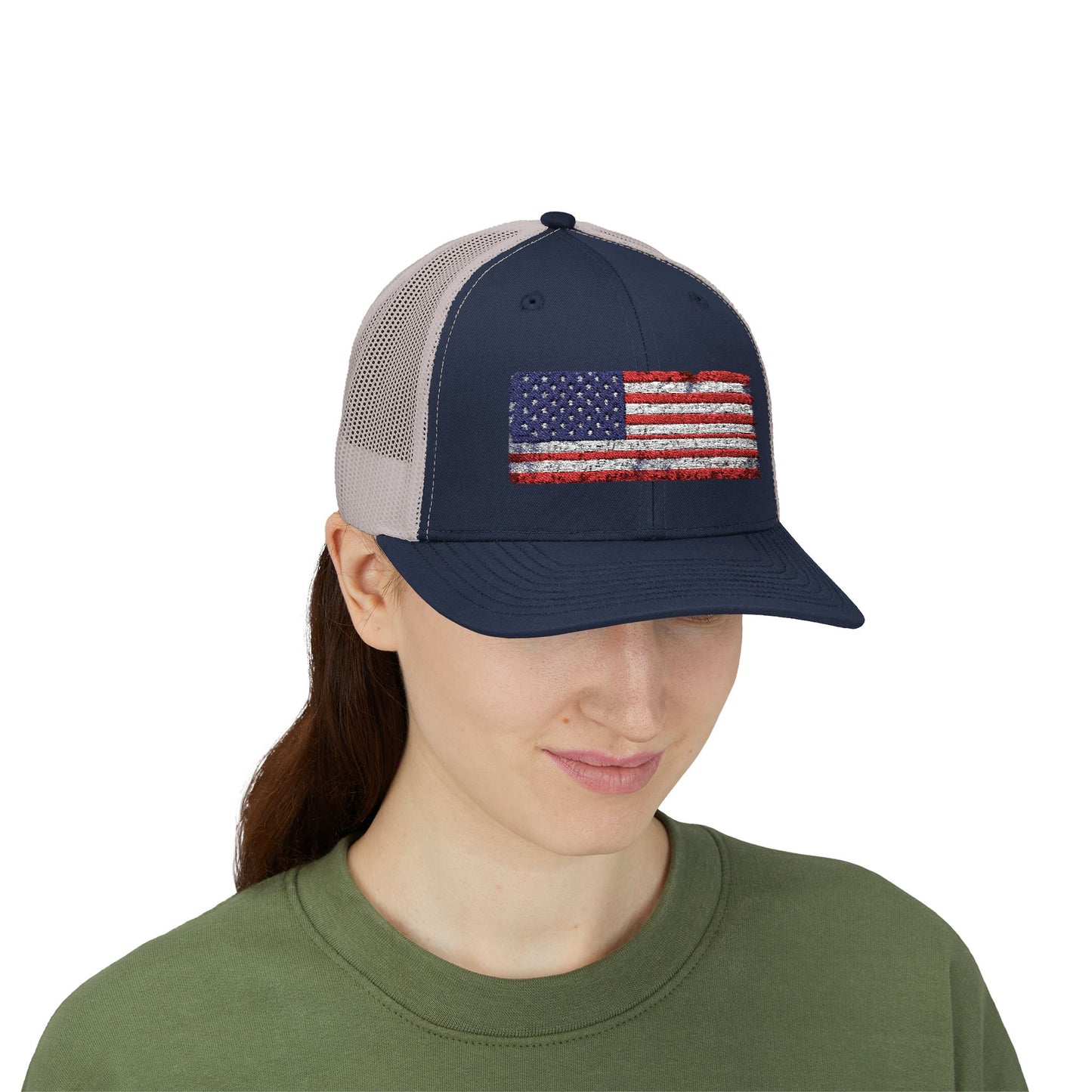 #250 Distressed American Flag Snapback Trucker Cap