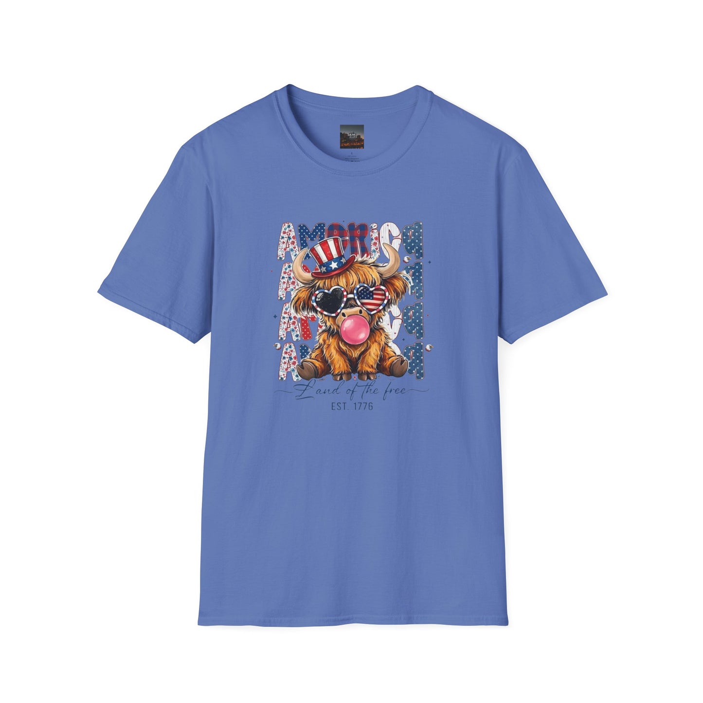 #250 American Flag Bubblegum Patriotic Highland Cow T-Shirt
