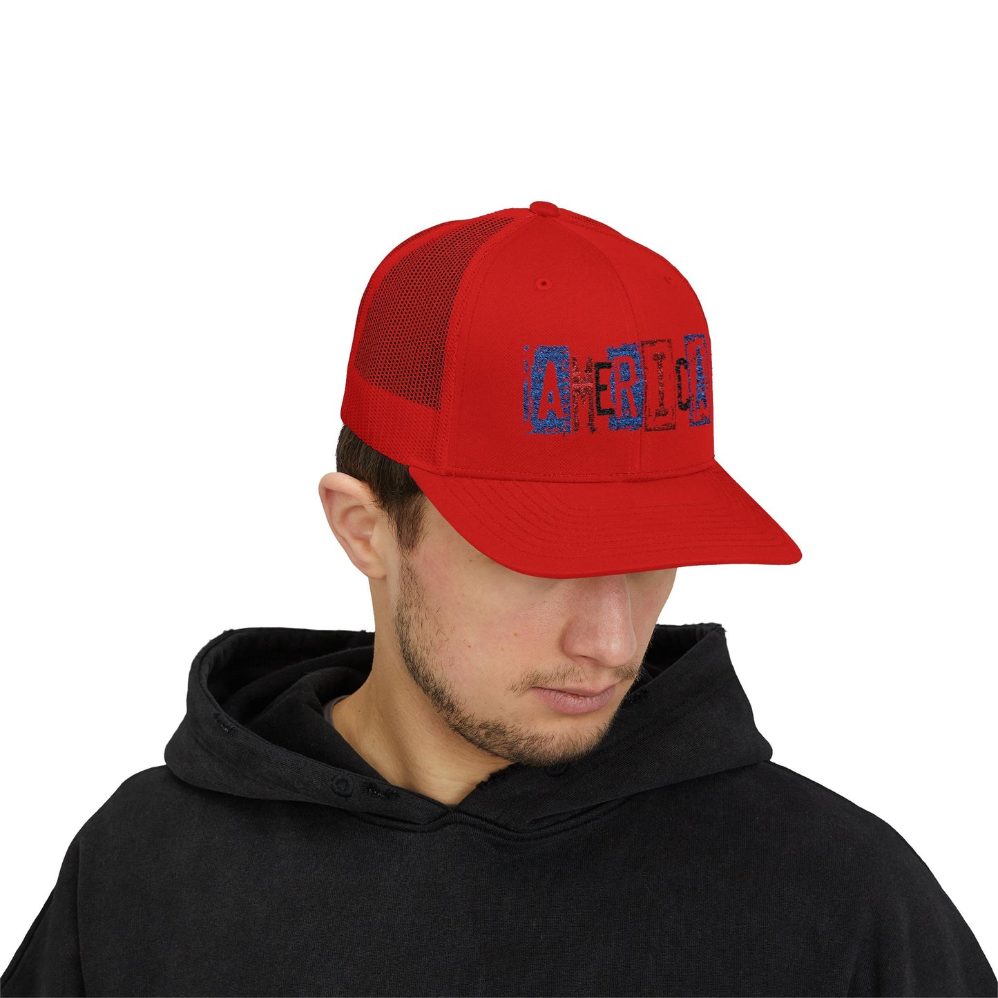 #250 America Retro Block Text Patriotic Snapback Trucker Cap