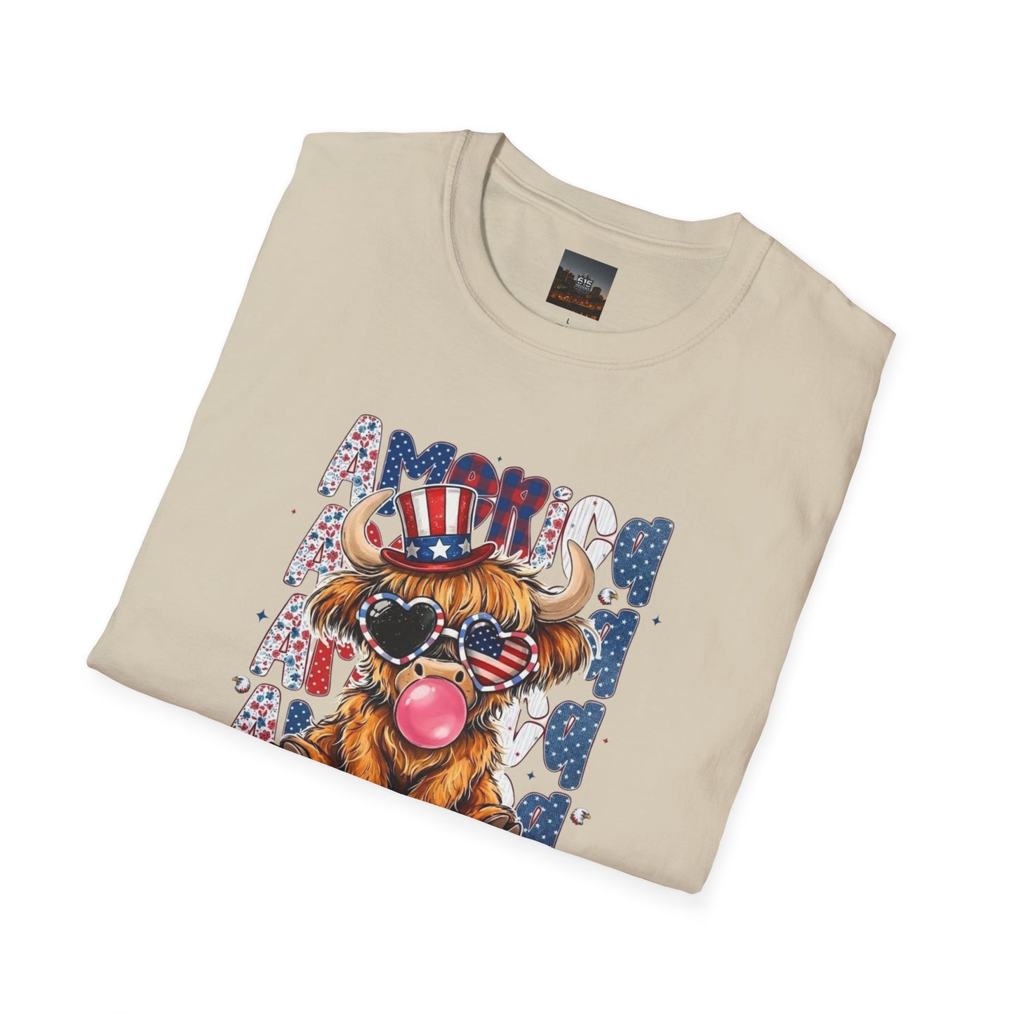 #250 American Flag Bubblegum Patriotic Highland Cow T-Shirt