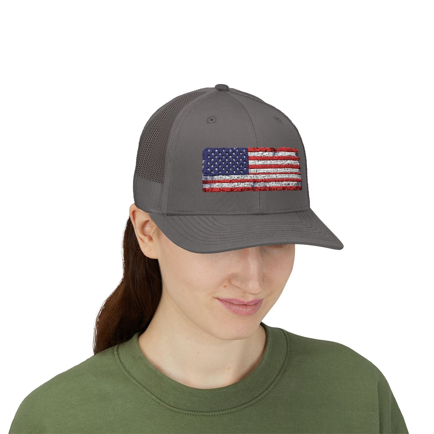 #250 Distressed American Flag Snapback Trucker Cap