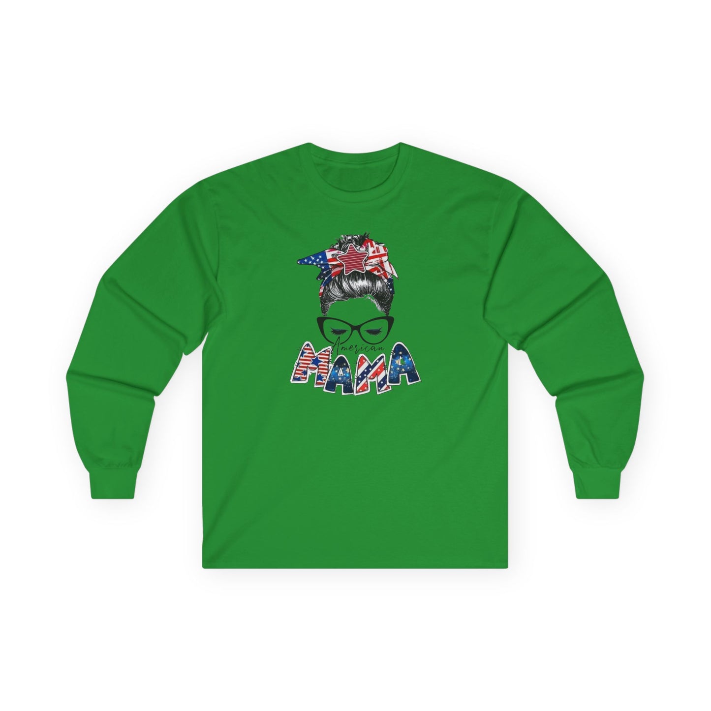 #250 Mama USA Flag Messy Bunn Long Sleeve Tee