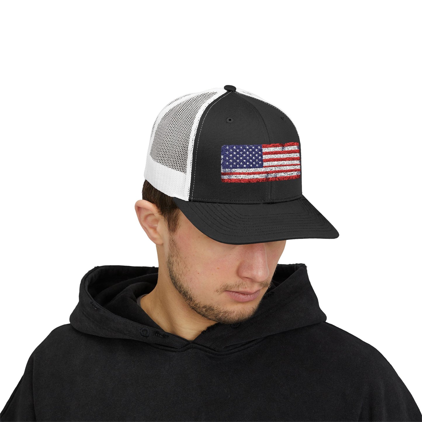 #250 Distressed American Flag Snapback Trucker Cap