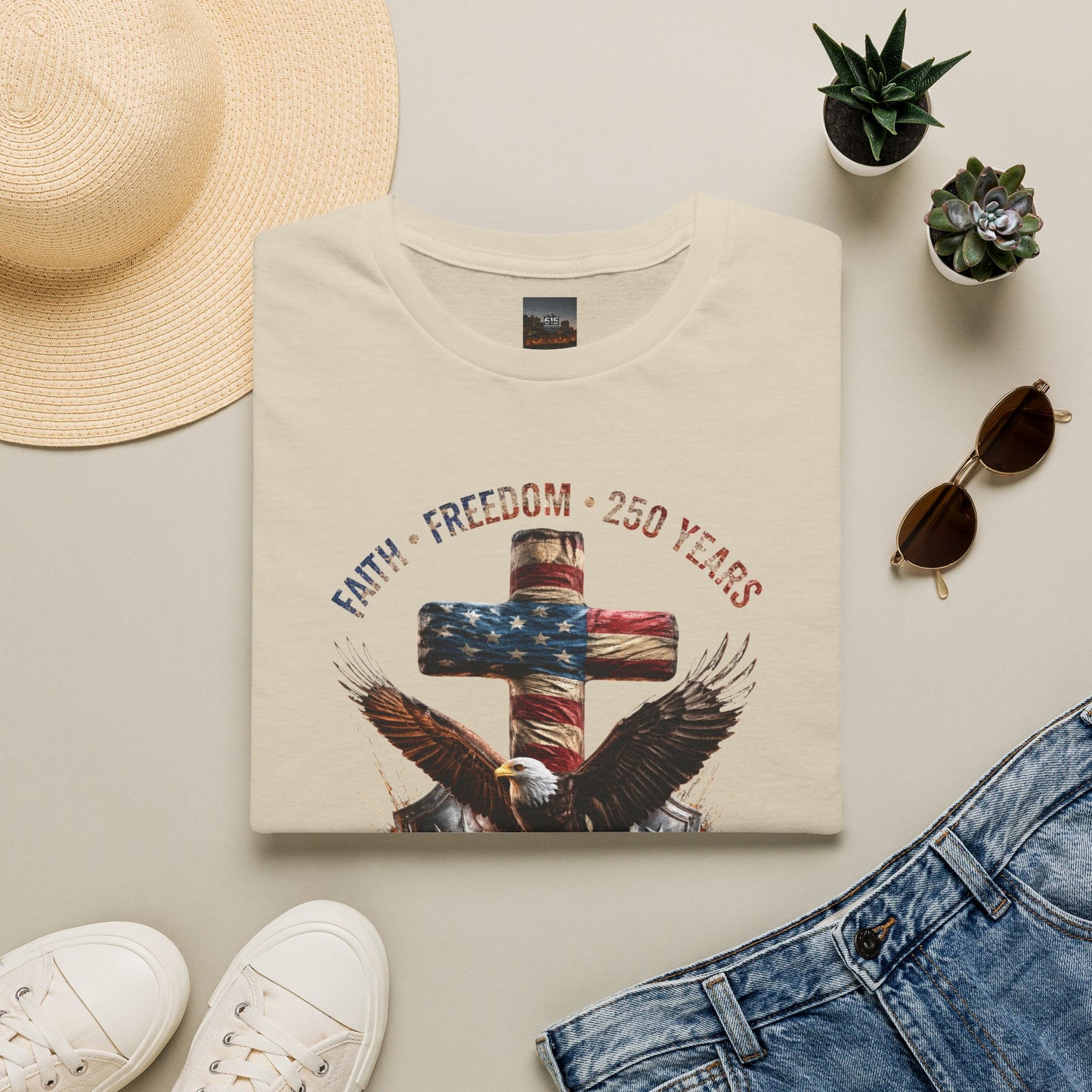 #250 Faith • Freedom 250 Years American Flag Cross & Eagle 1776-2026 T-Shirt