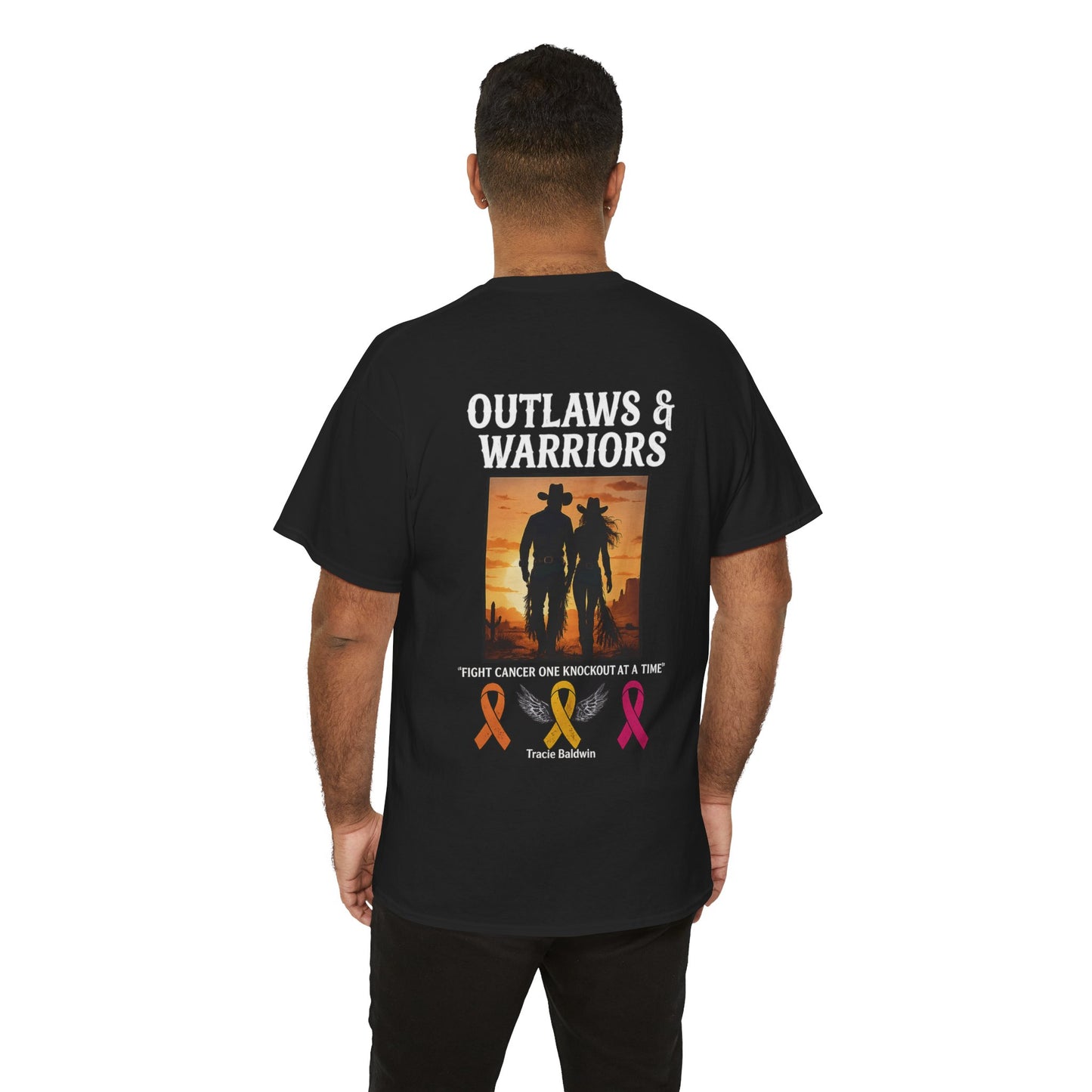 Outlaws & Warriors 100% Cotton T-Shirt — Minimal Chest Logo with Graphic On Back