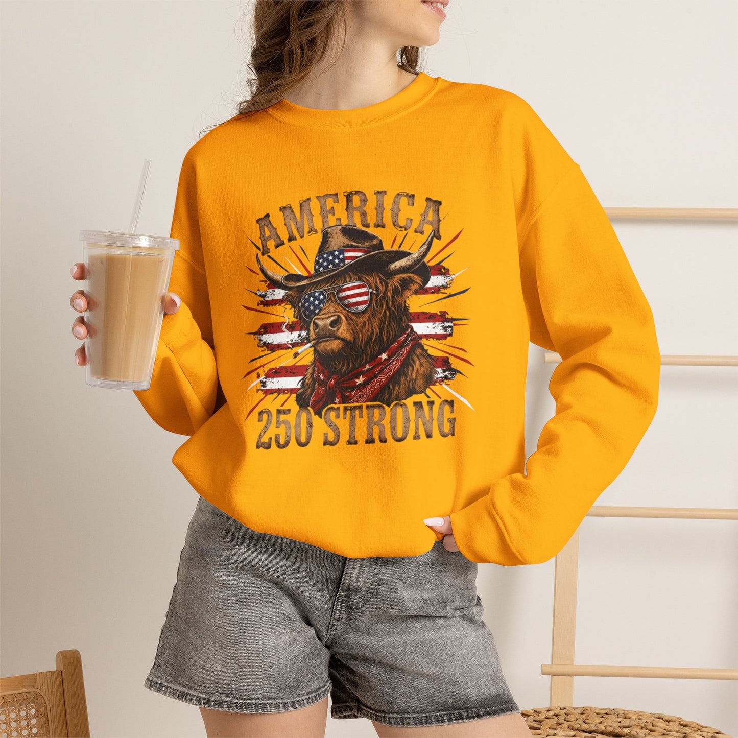 #250 America 250 Strong Patriotic Bull with American Flag Sweatshirt