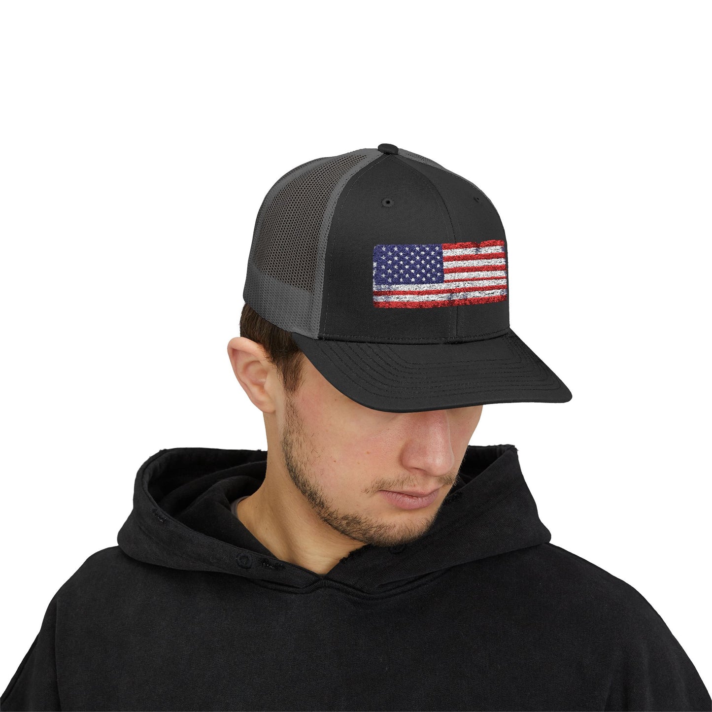 #250 Distressed American Flag Snapback Trucker Cap