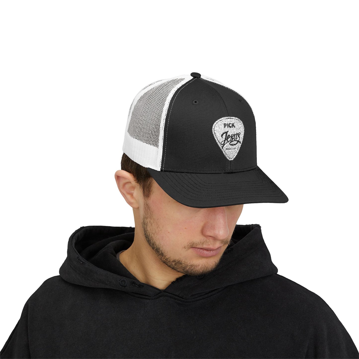 Pick Jesus Guitar Pick Snapback Trucker Cap Christian Guitar Pick Design (Romans 10:13)