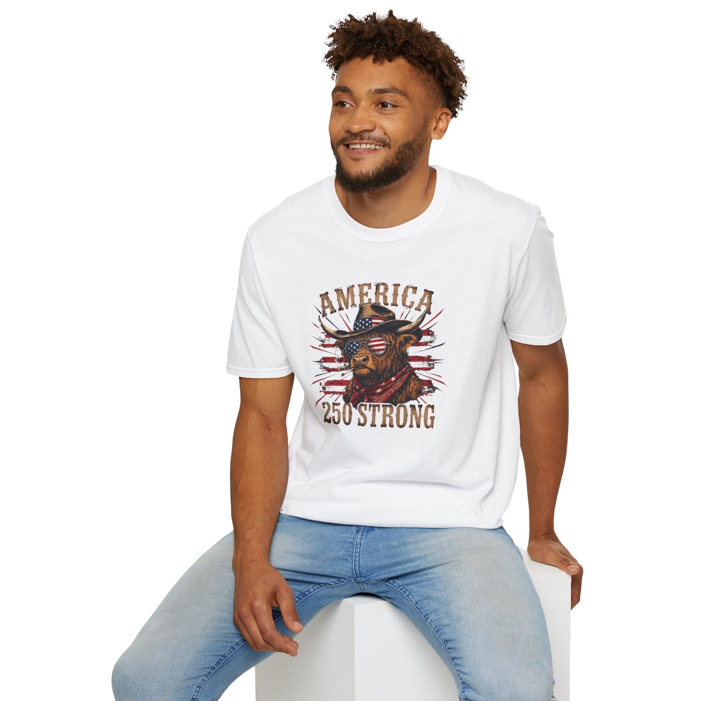 #250 America 250 Strong Patriotic Bull with American Flag T-Shirt