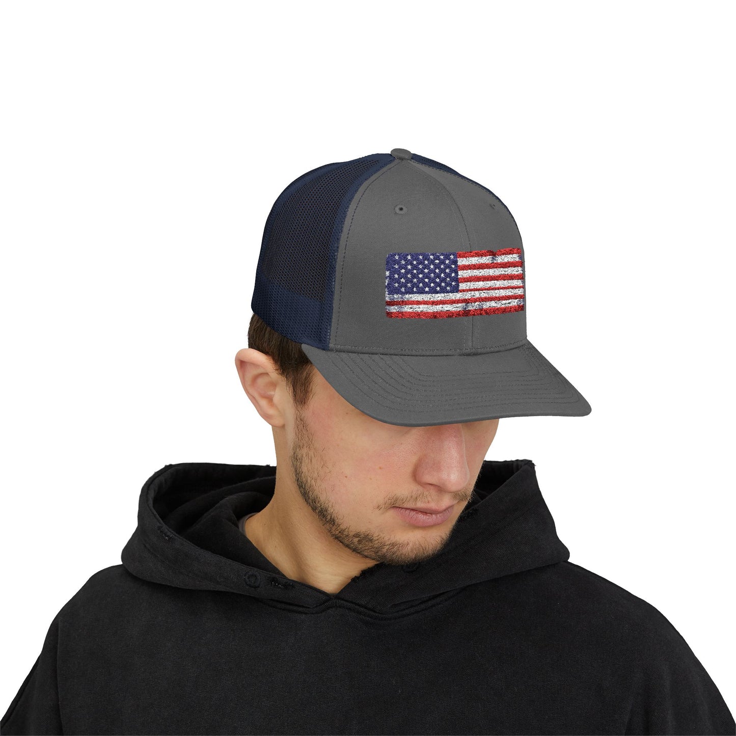 #250 Distressed American Flag Snapback Trucker Cap