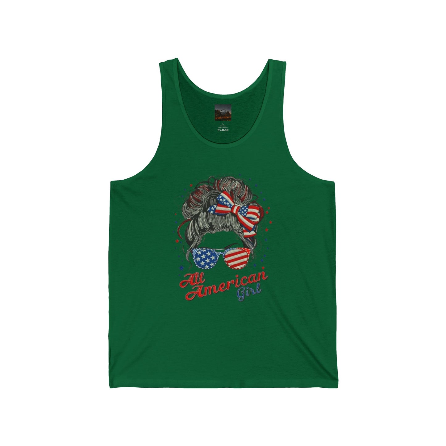 #250 "All American Girl" Patriotic Messy Bun Tank Top