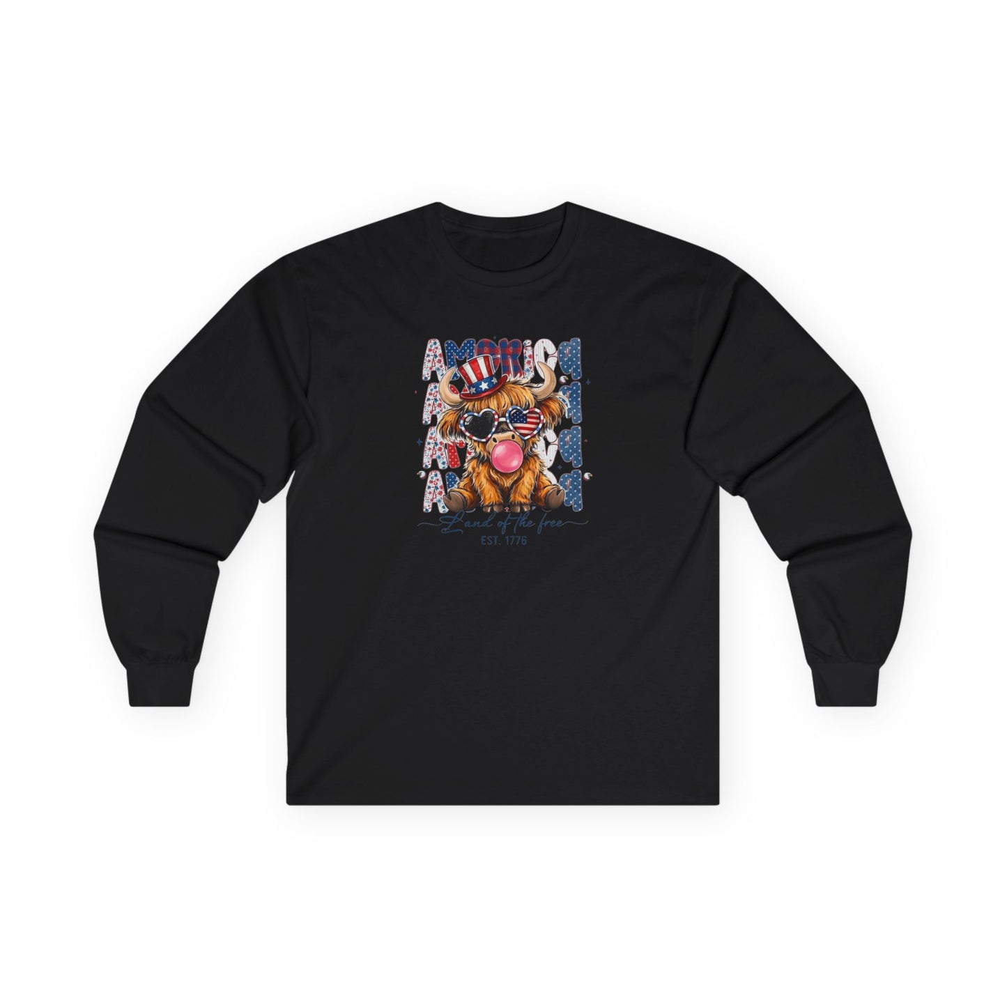 #250 American Flag Bubblegum Patriotic Highland Cow Long Sleeve Tee
