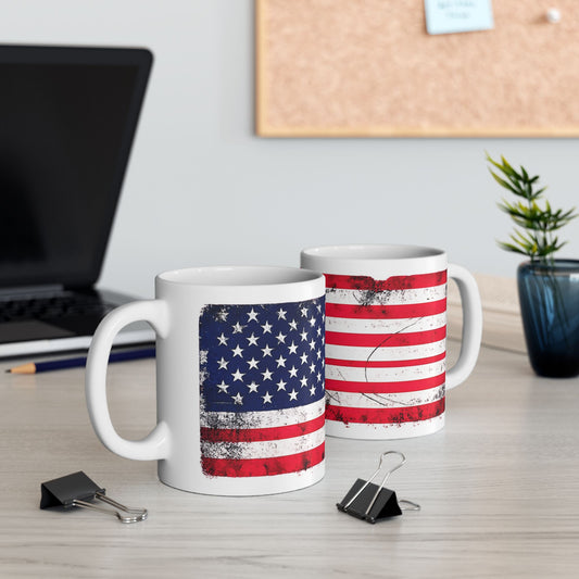 #250 Distressed American Flag Ceramic Mug — Patriotic (11oz, 15oz) Coffee Cup