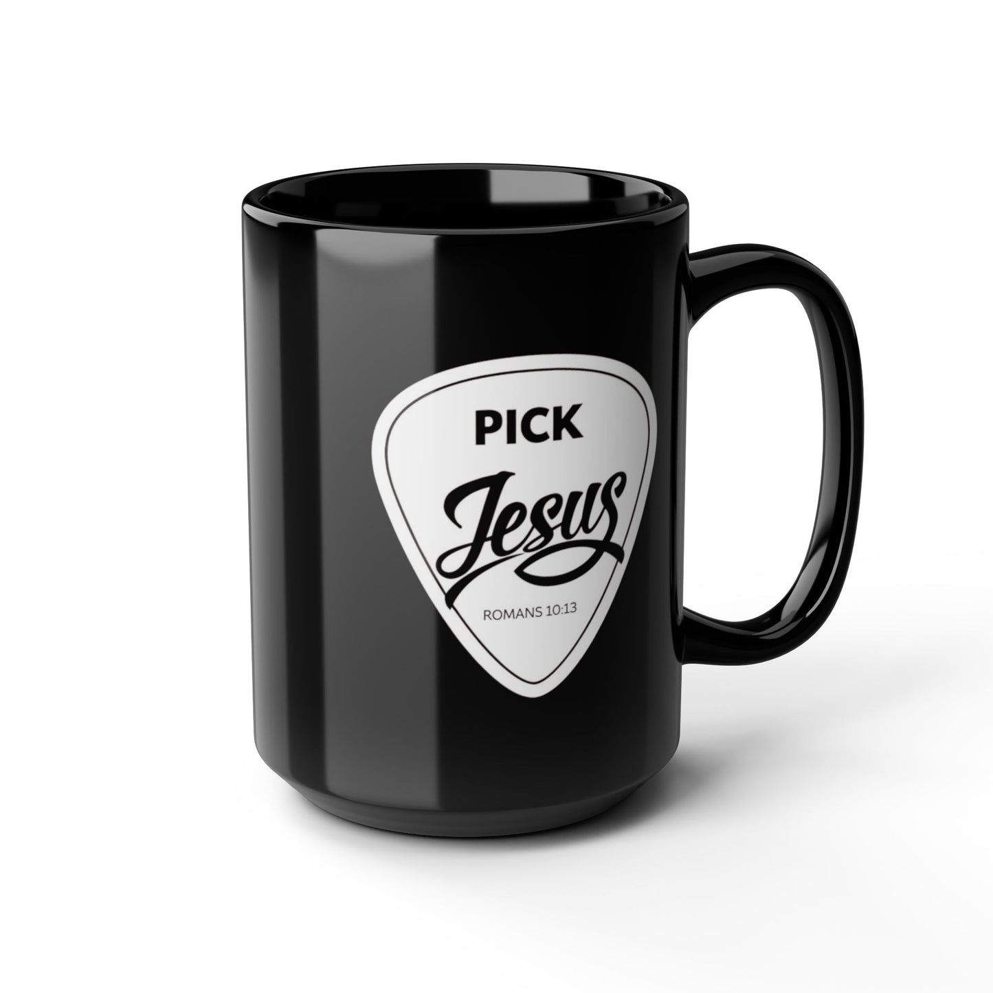 Pick Jesus Guitar Pick Ceramic Mug — Christian Guitar Pick Design (Romans 10:13) 15oz
