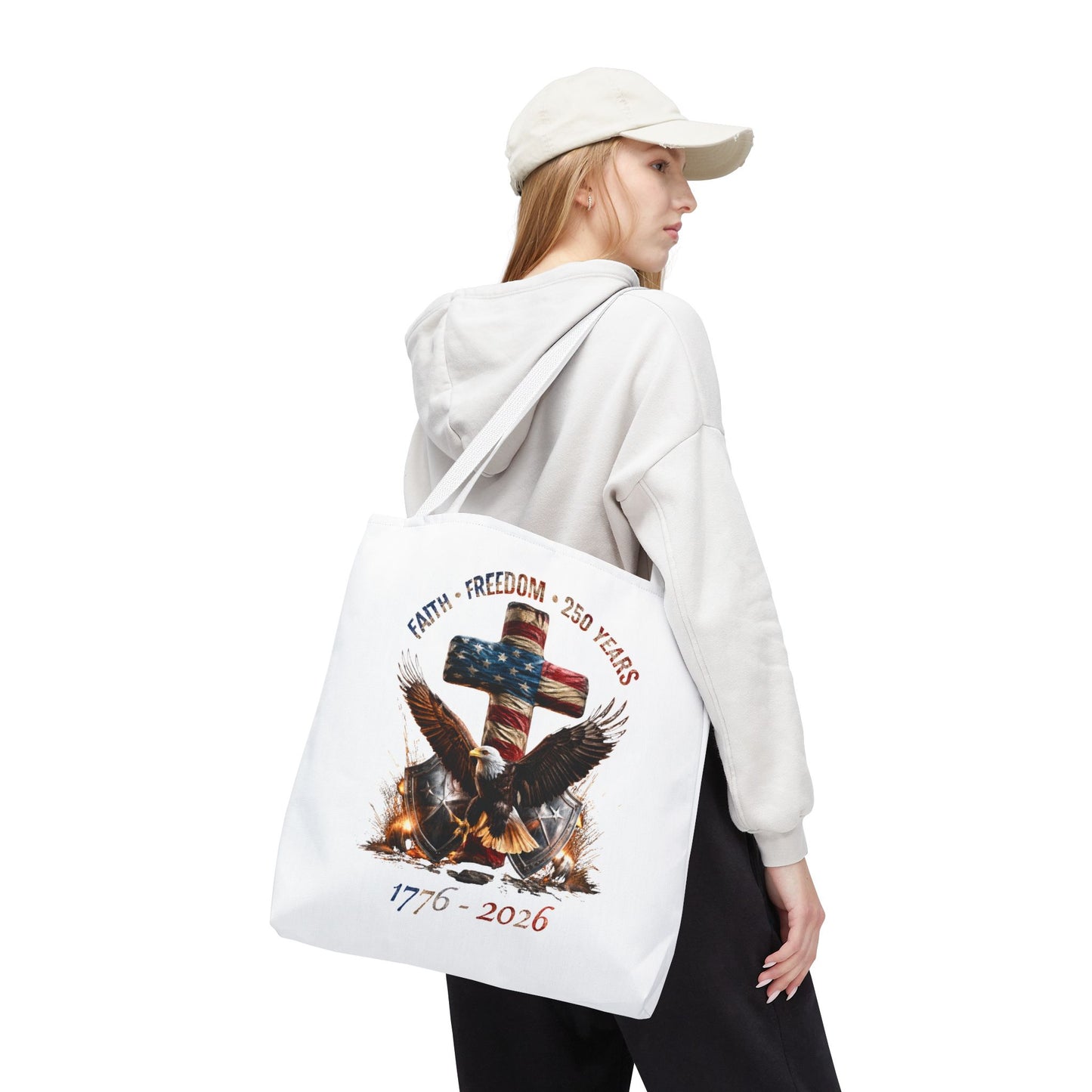 #250 Faith • Freedom 250 Years American Flag Cross & Eagle 1776-2026 Tote Bag