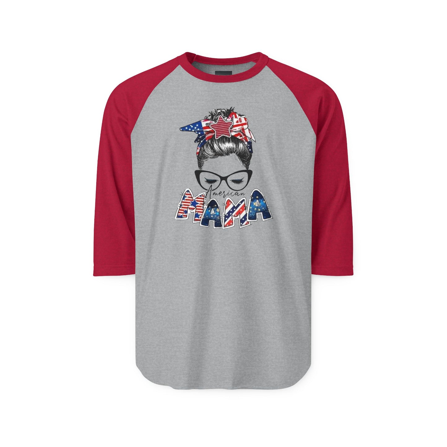 #250 Mama USA Flag Messy Bun Raglan 3/4 Sleeve Baseball Tee