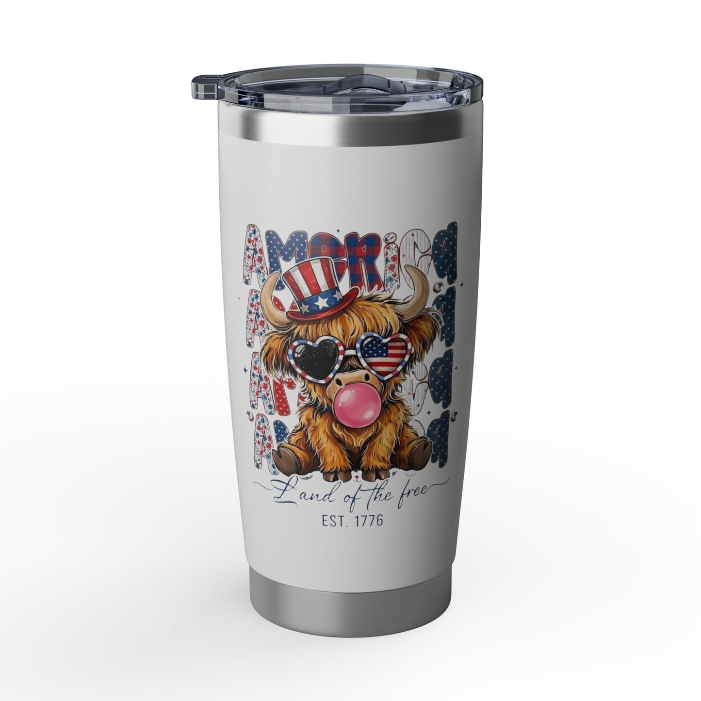 #250 American Flag Bubblegum Patriotic Highland Cow 20oz Stainless Travel Tumbler 'Vagabond'
