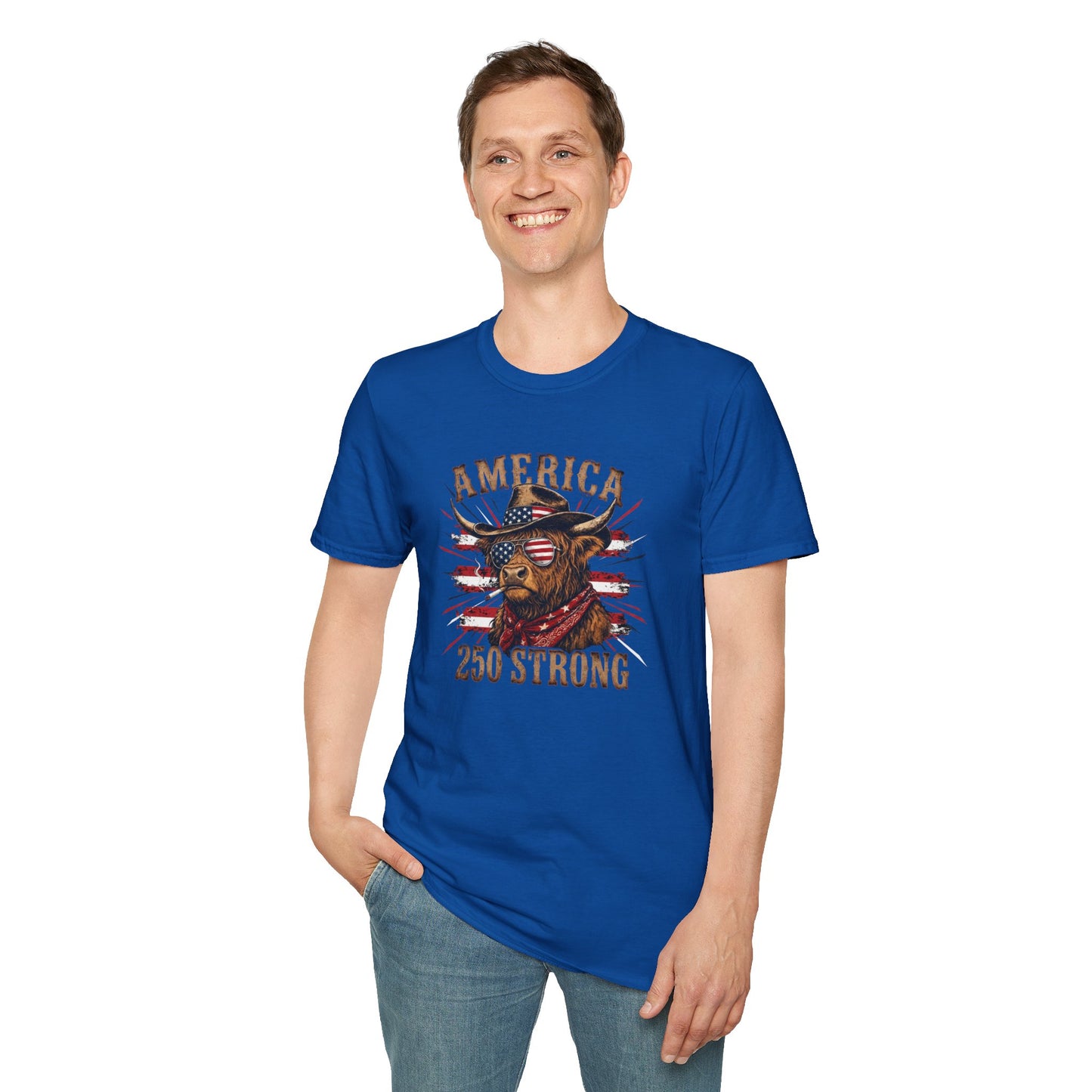 #250 America 250 Strong Patriotic Bull with American Flag T-Shirt