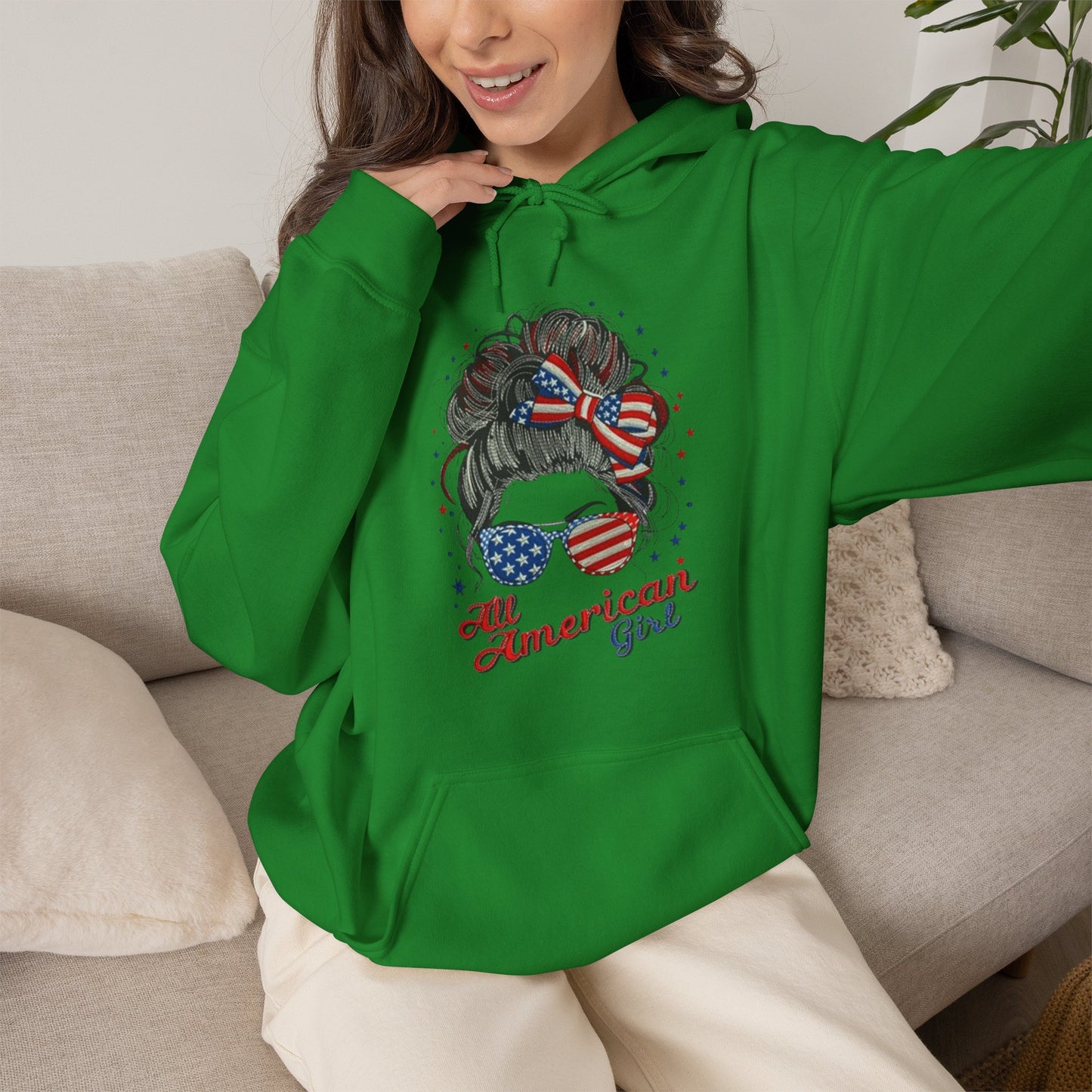 #250 "All American Girl" Patriotic Messy Bun Hoodie