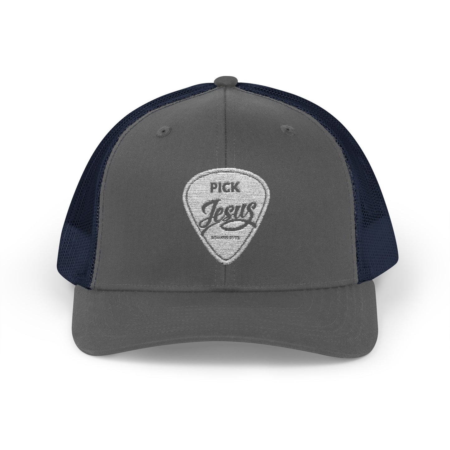 Pick Jesus Guitar Pick Snapback Trucker Cap Christian Guitar Pick Design (Romans 10:13)