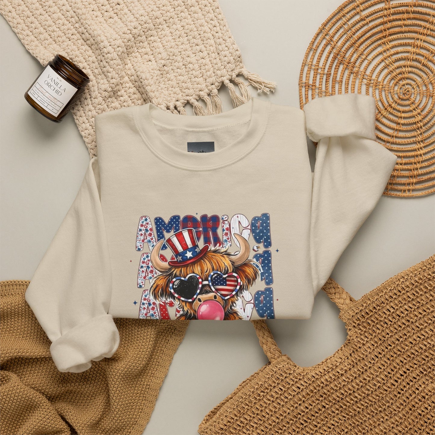 #250 American Flag Bubblegum Patriotic Highland Cow Sweatshirt