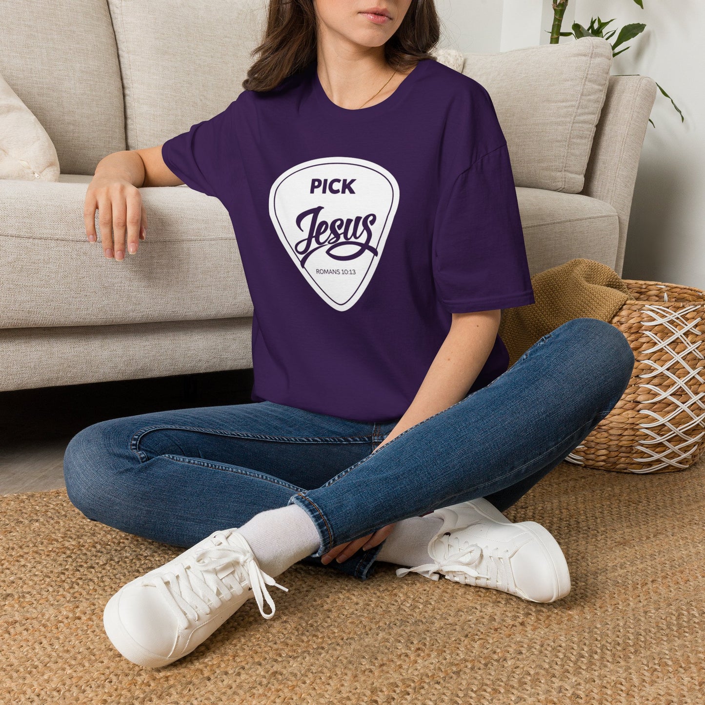 Pick Jesus T-Shirt — Christian Guitar Pick Design (Romans 10:13)