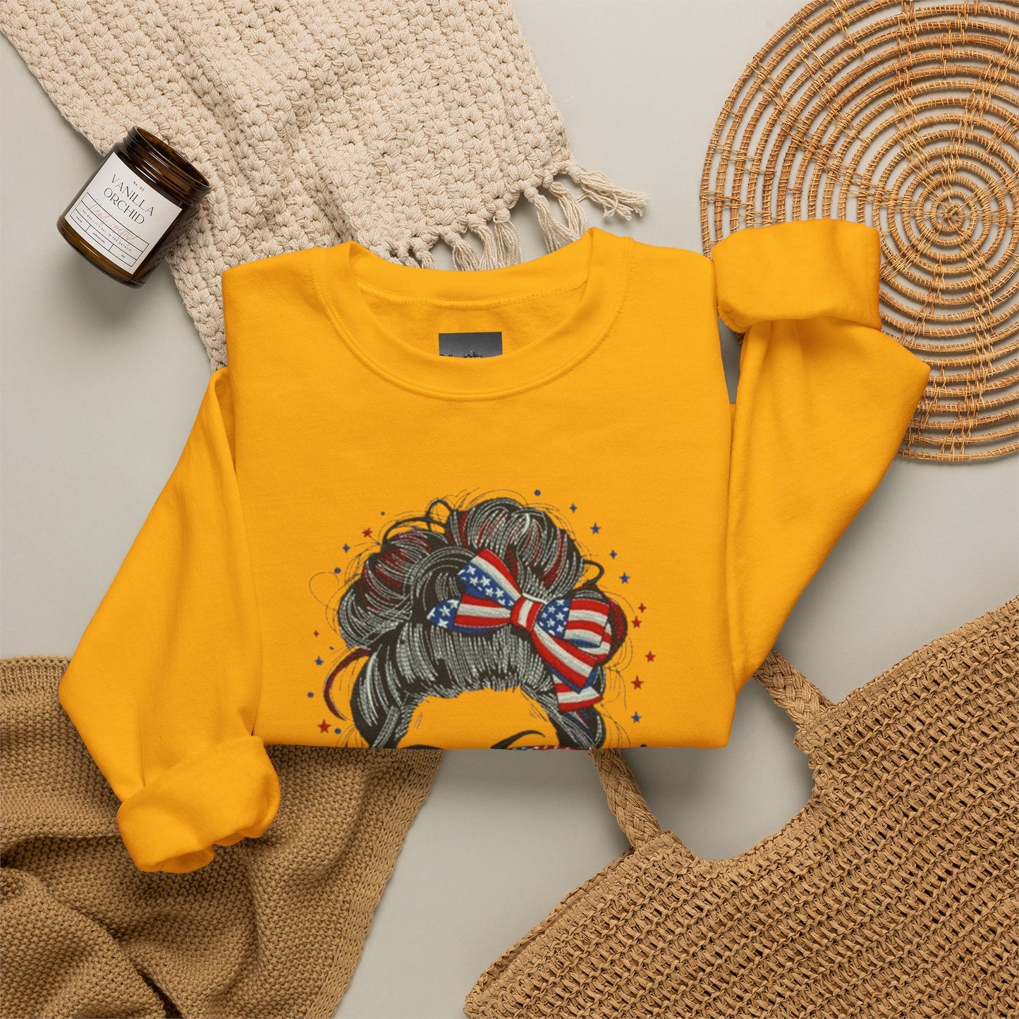 #250 "All American Girl" Patriotic Messy Bun Sweatshirt