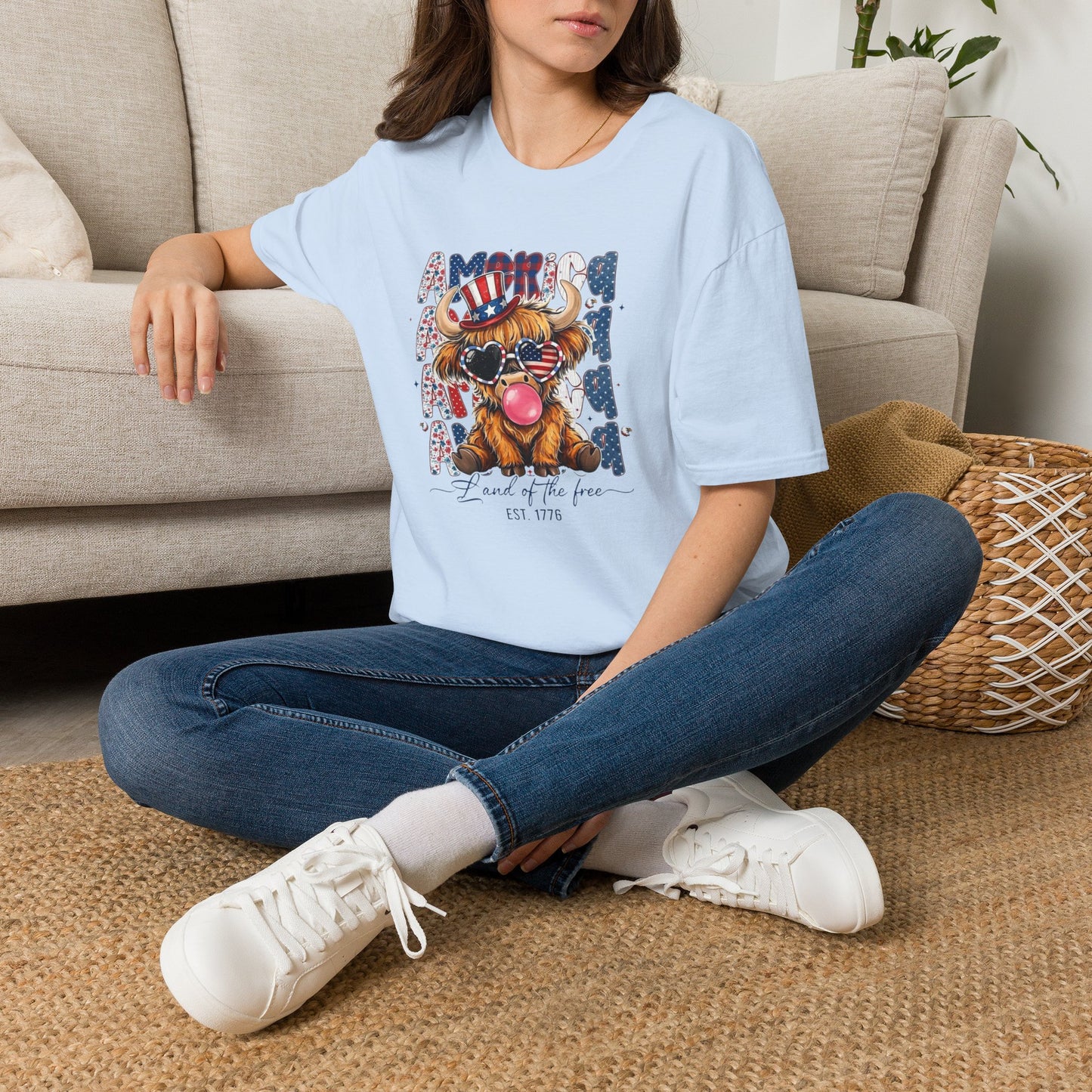 #250 American Flag Bubblegum Patriotic Highland Cow T-Shirt