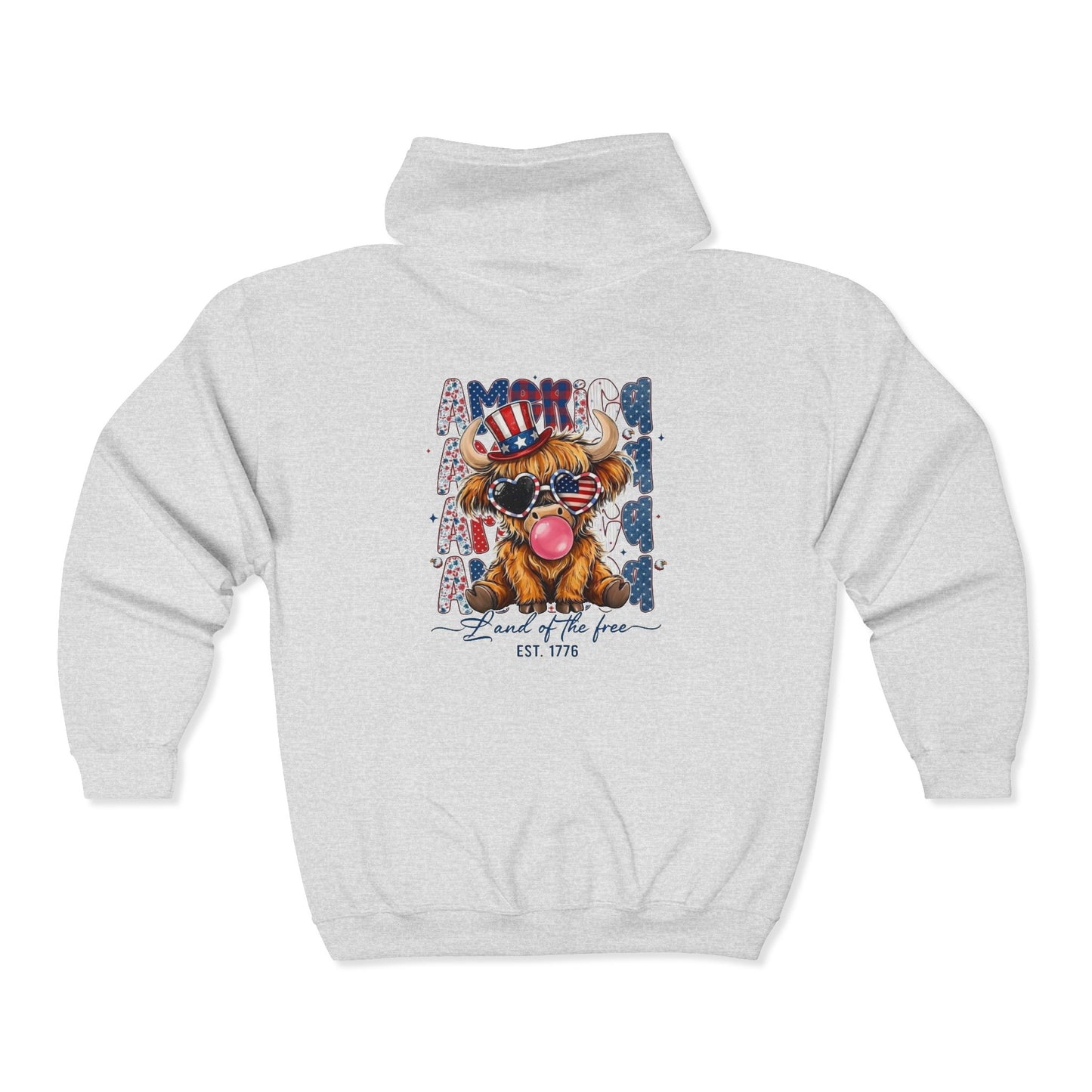 #250 American Flag Bubblegum Patriotic Highland Cow Zip Hoodie