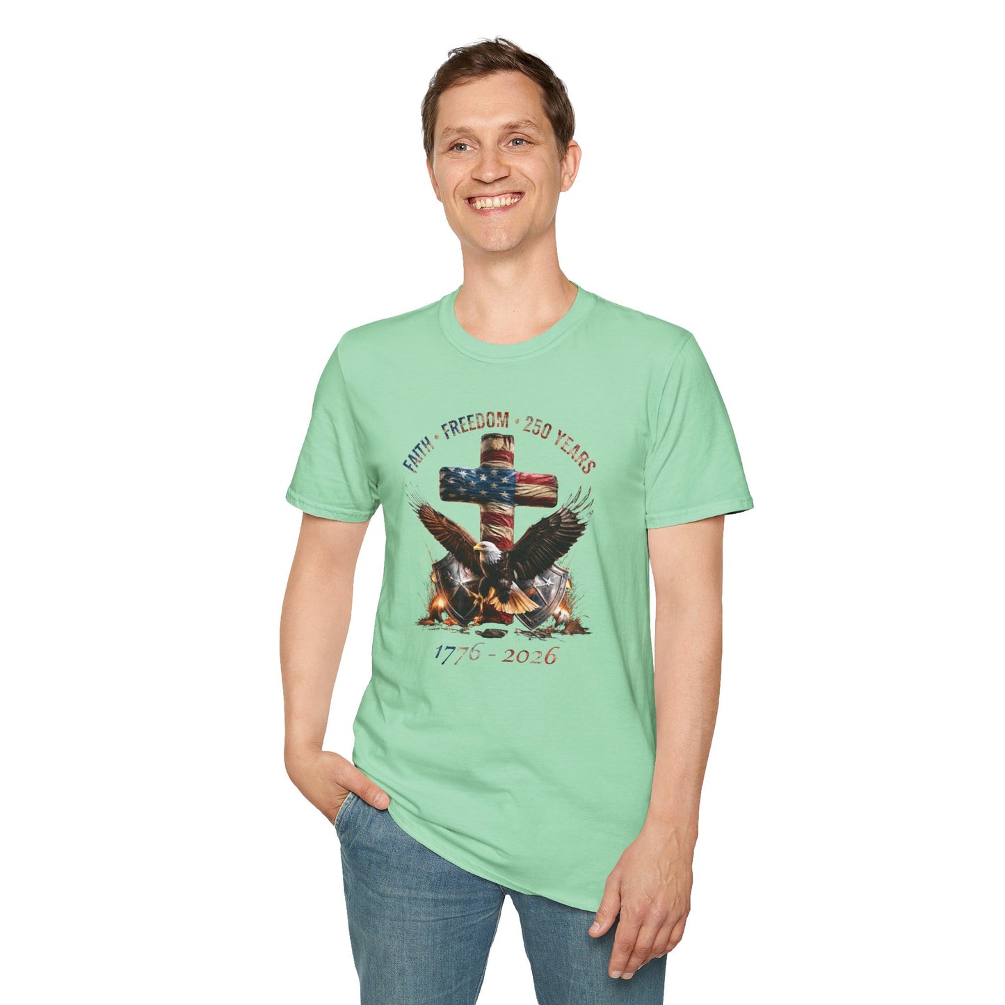 #250 Faith • Freedom 250 Years American Flag Cross & Eagle 1776-2026 T-Shirt