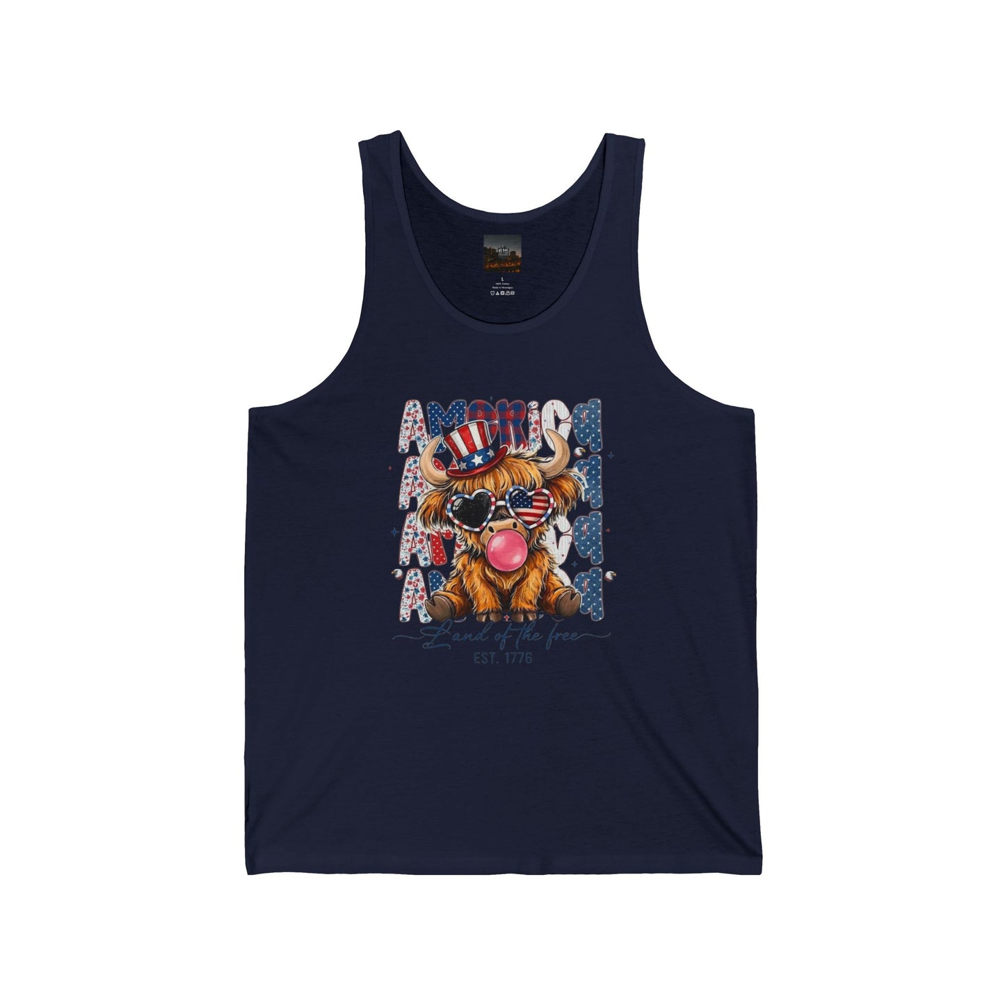 #250 American Flag Bubblegum Patriotic Highland Cow Tank Top