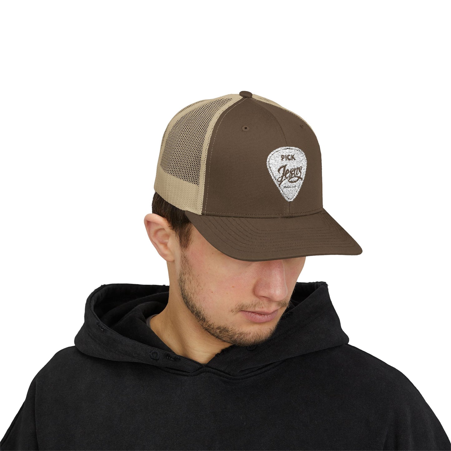 Pick Jesus Guitar Pick Snapback Trucker Cap Christian Guitar Pick Design (Romans 10:13)