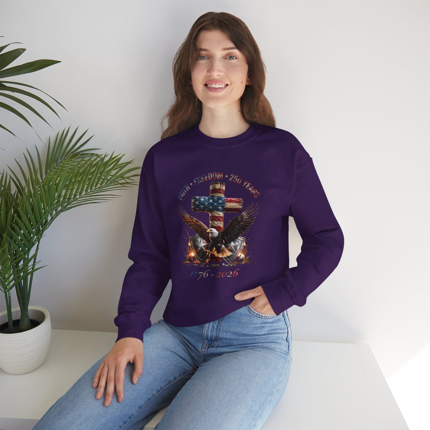 #250 Faith • Freedom 250 Years American Flag Cross & Eagle 1776-2026 Crewneck Sweatshirt