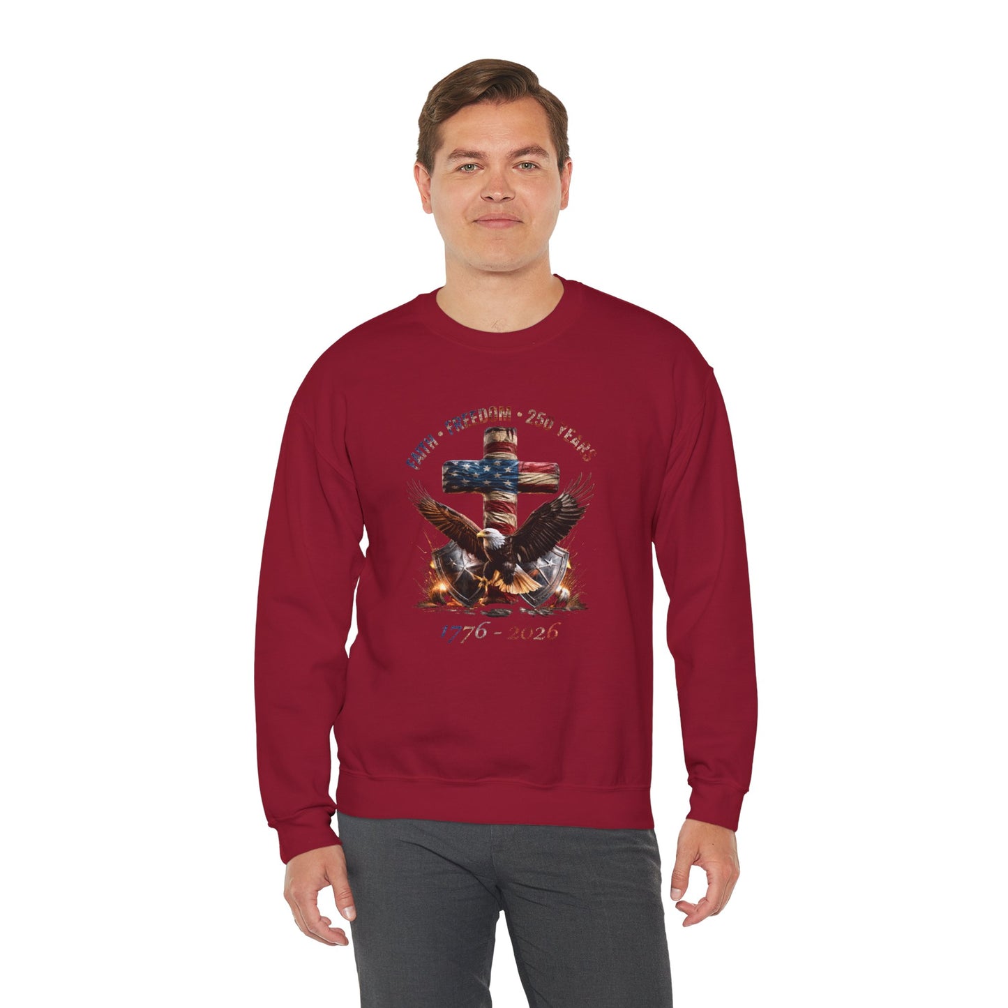 #250 Faith • Freedom 250 Years American Flag Cross & Eagle 1776-2026 Crewneck Sweatshirt