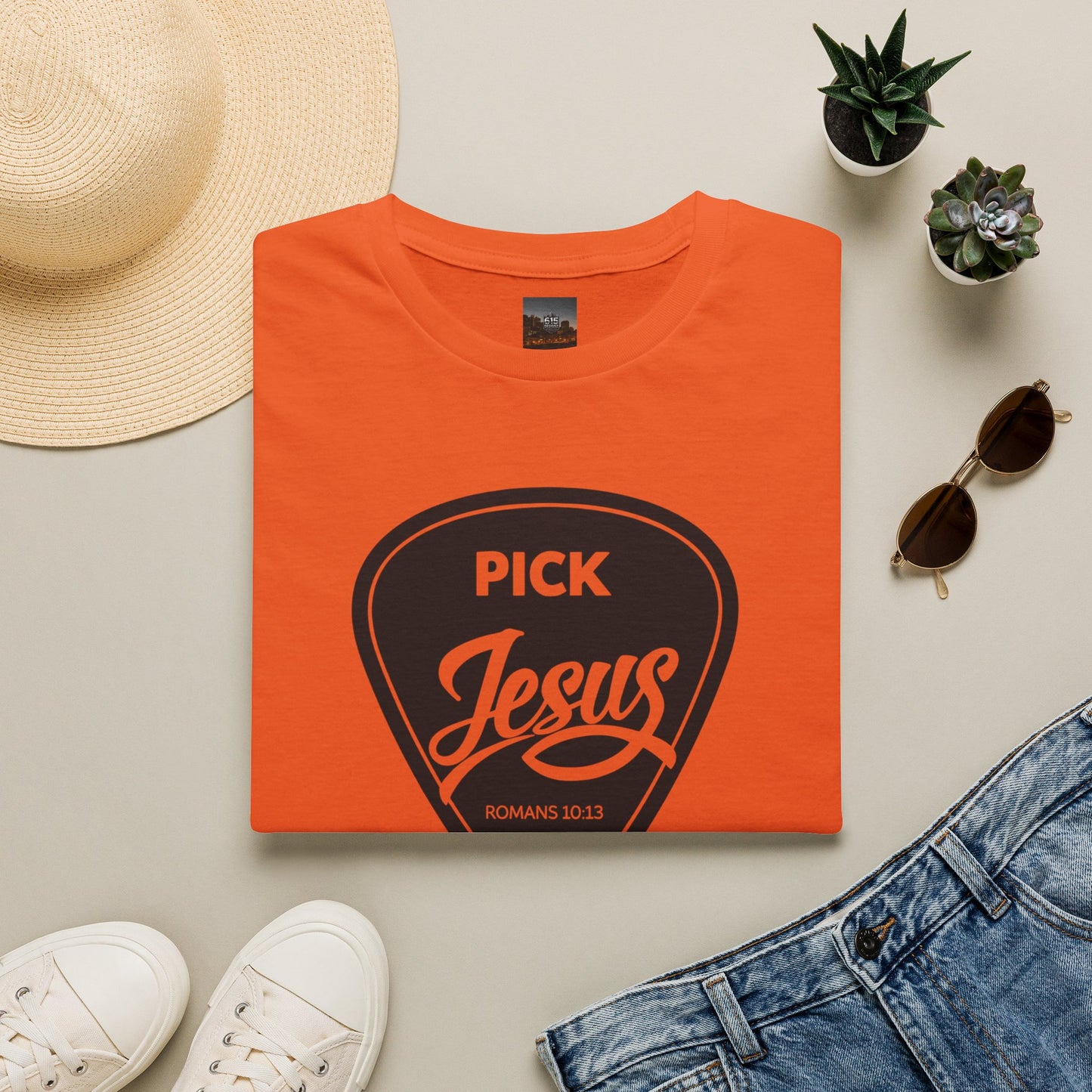 Pick Jesus T-Shirt — Christian Guitar Pick Design (Romans 10:13)