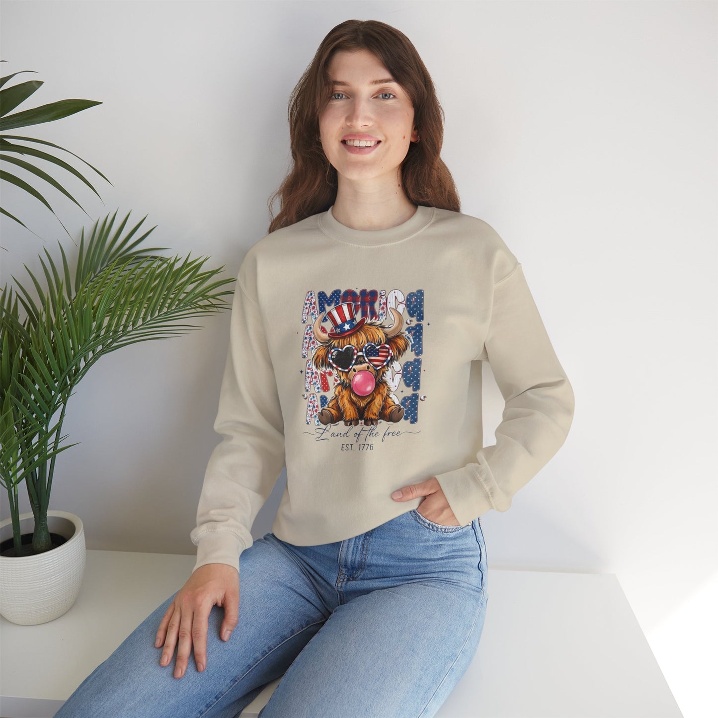 #250 American Flag Bubblegum Patriotic Highland Cow Sweatshirt