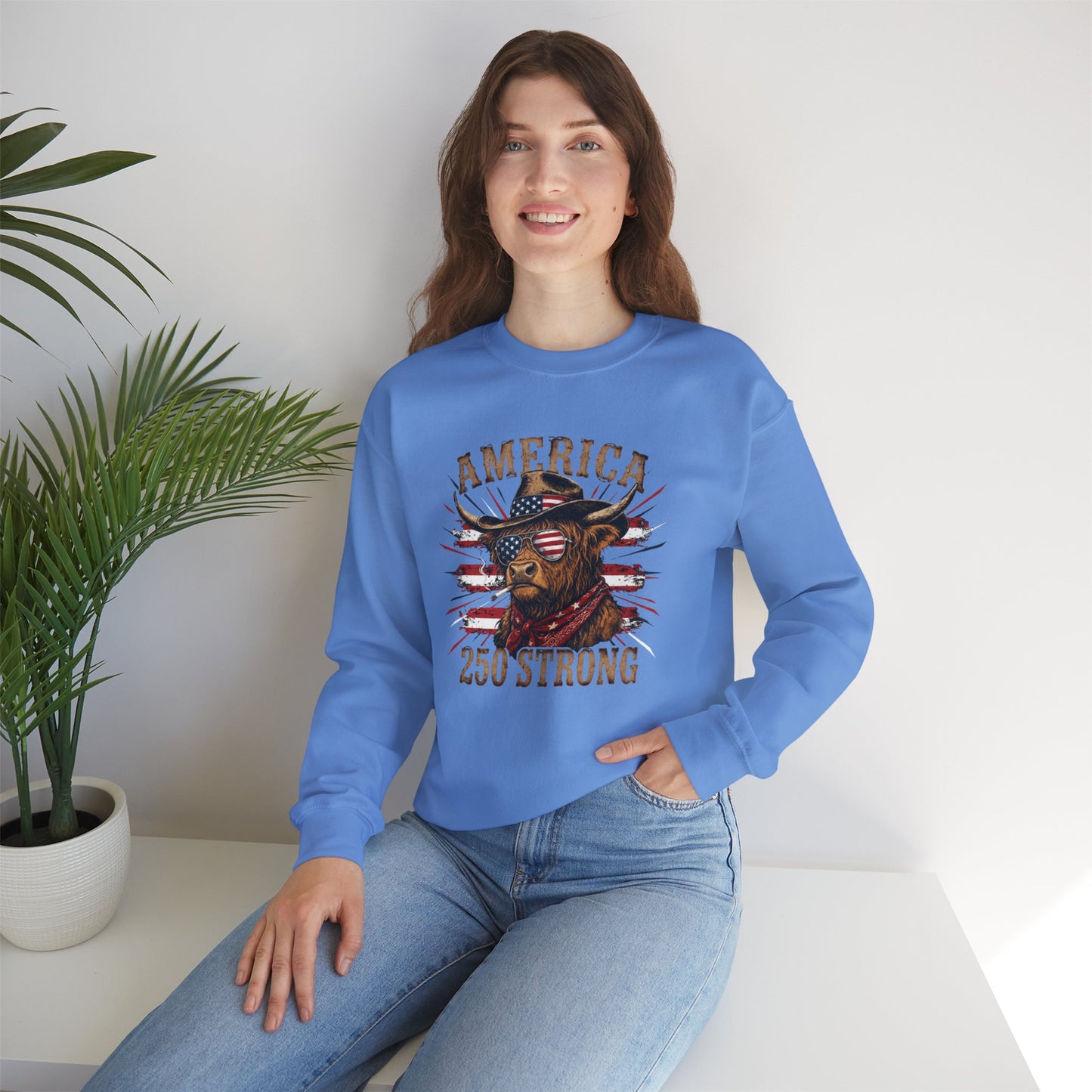 #250 America 250 Strong Patriotic Bull with American Flag Sweatshirt