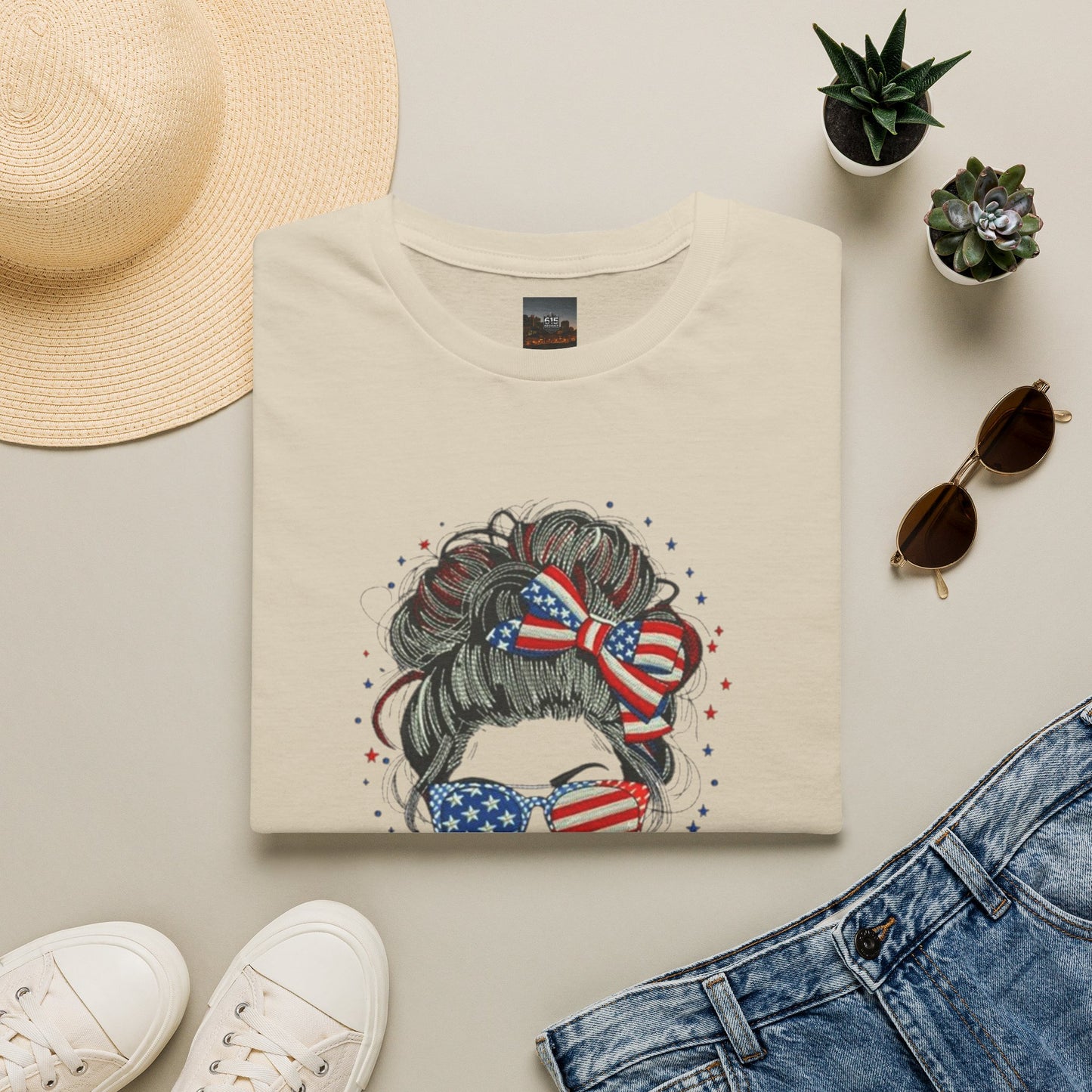 #250 "All American Girl" Patriotic Messy Bun T-Shirt